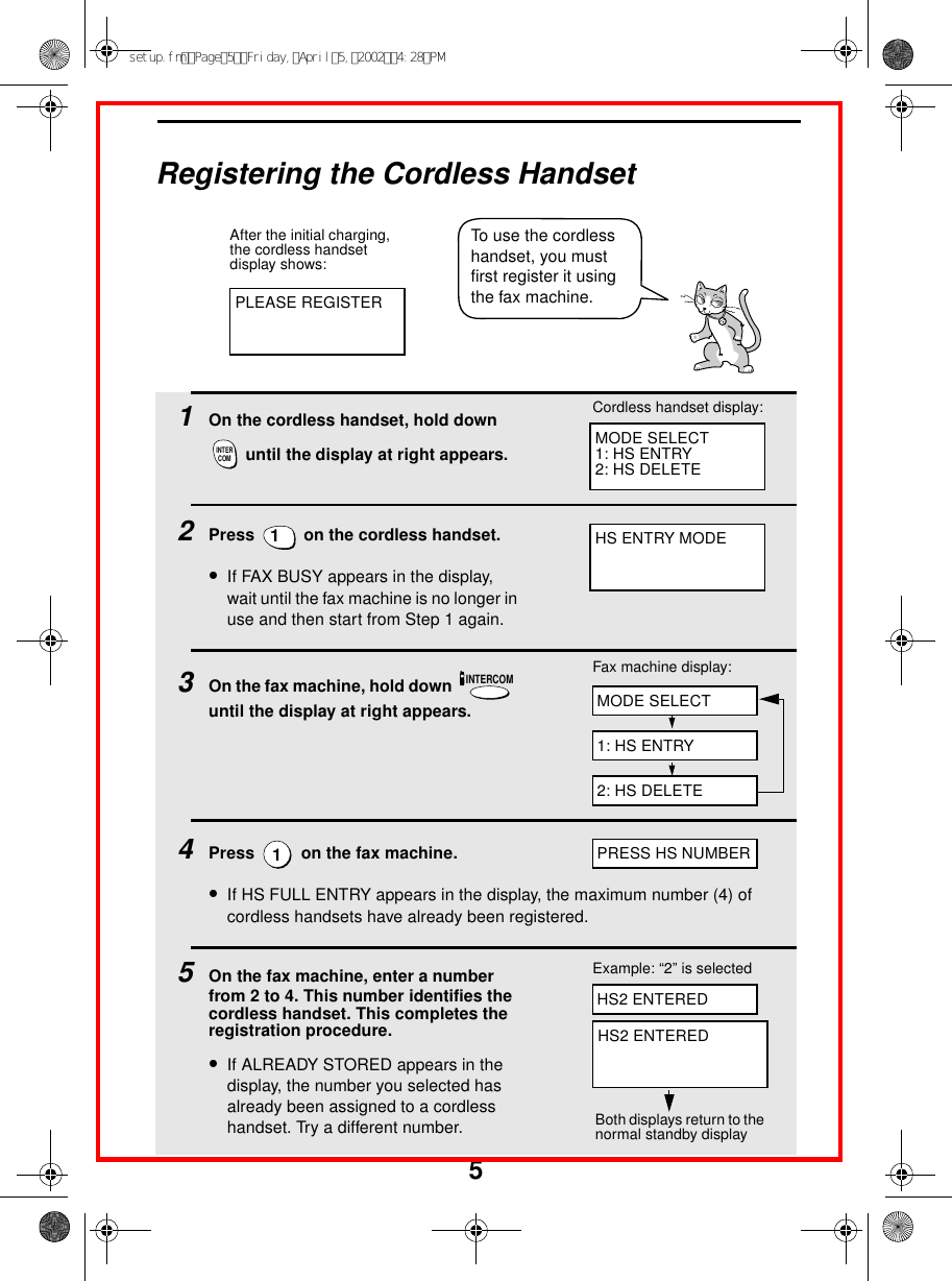 5Registering the Cordless HandsetPLEASE REGISTERAfter the initial charging, the cordless handset display shows:To use the cordless handset, you must first register it using the fax machine.1On the cordless handset, hold down  until the display at right appears.2Press   on the cordless handset. •If FAX BUSY appears in the display, wait until the fax machine is no longer in use and then start from Step 1 again. 3On the fax machine, hold down   until the display at right appears.4Press   on the fax machine.•If HS FULL ENTRY appears in the display, the maximum number (4) of cordless handsets have already been registered.5On the fax machine, enter a number from 2 to 4. This number identifies the cordless handset. This completes the registration procedure.•If ALREADY STORED appears in the display, the number you selected has already been assigned to a cordless handset. Try a different number.INTERCOM1INTERCOM1MODE SELECT1: HS ENTRY2: HS DELETECordless handset display:Fax machine display:MODE SELECTHS ENTRY MODE1: HS ENTRY2: HS DELETEPRESS HS NUMBERHS2 ENTEREDExample: “2” is selectedHS2 ENTEREDBoth displays return to the normal standby displaysetup.fmPage5Friday,April5,20024:28PM