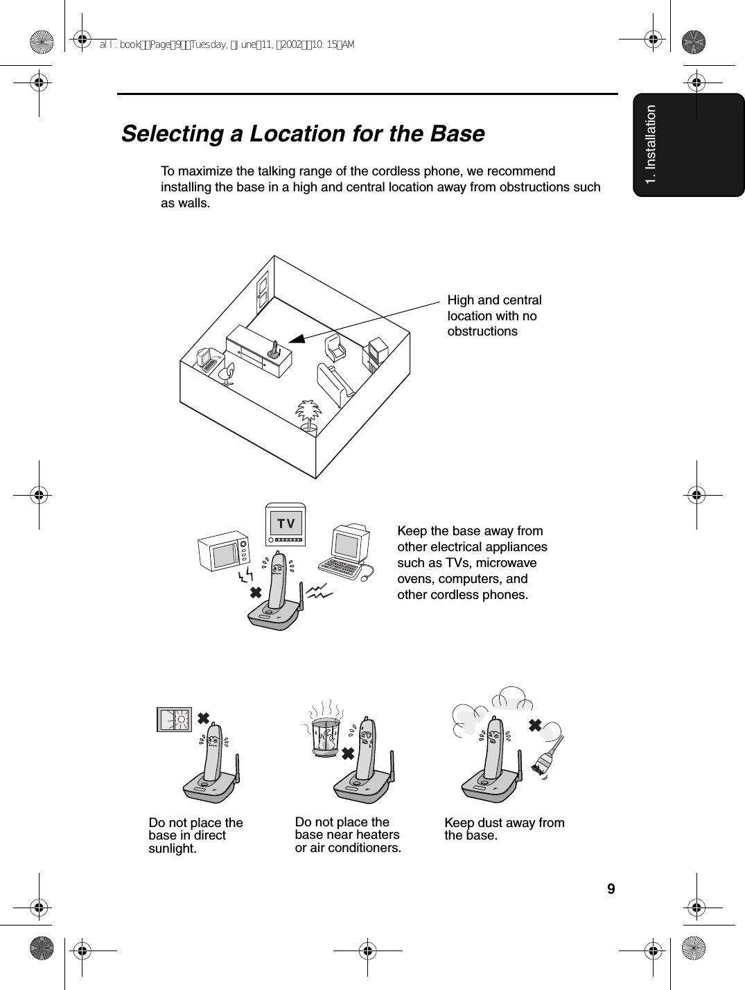 91. InstallationSelecting a Location for the BaseTo maximize the talking range of the cordless phone, we recommend installing the base in a high and central location away from obstructions such as walls.Do not place the base in direct sunlight.Do not place the base near heaters or air conditioners.Keep dust away from the base.High and central location with no obstructionsKeep the base away from other electrical appliances such as TVs, microwave ovens, computers, and other cordless phones.all.bookPage9Tuesday,June11,200210:15AM