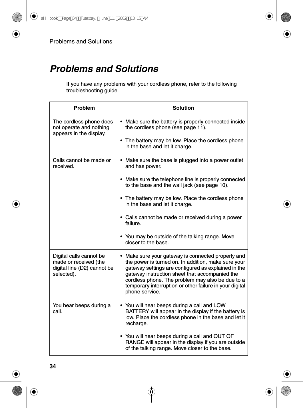 Problems and Solutions34Problems and SolutionsIf you have any problems with your cordless phone, refer to the following troubleshooting guide.Problem SolutionThe cordless phone does not operate and nothing appears in the display.•Make sure the battery is properly connected inside the cordless phone (see page 11).•The battery may be low. Place the cordless phone in the base and let it charge.Calls cannot be made or received.•Make sure the base is plugged into a power outlet and has power.•Make sure the telephone line is properly connected to the base and the wall jack (see page 10).•The battery may be low. Place the cordless phone in the base and let it charge.•Calls cannot be made or received during a power failure.•You may be outside of the talking range. Move closer to the base.Digital calls cannot be made or received (the digital line (D2) cannot be selected).•Make sure your gateway is connected properly and the power is turned on. In addition, make sure your gateway settings are configured as explained in the gateway instruction sheet that accompanied the cordless phone. The problem may also be due to a temporary interruption or other failure in your digital phone service.You hear beeps during a call.•You will hear beeps during a call and LOW BATTERY will appear in the display if the battery is low. Place the cordless phone in the base and let it recharge. •You will hear beeps during a call and OUT OF RANGE will appear in the display if you are outside of the talking range. Move closer to the base.all.bookPage34Tuesday,June11,200210:15AM