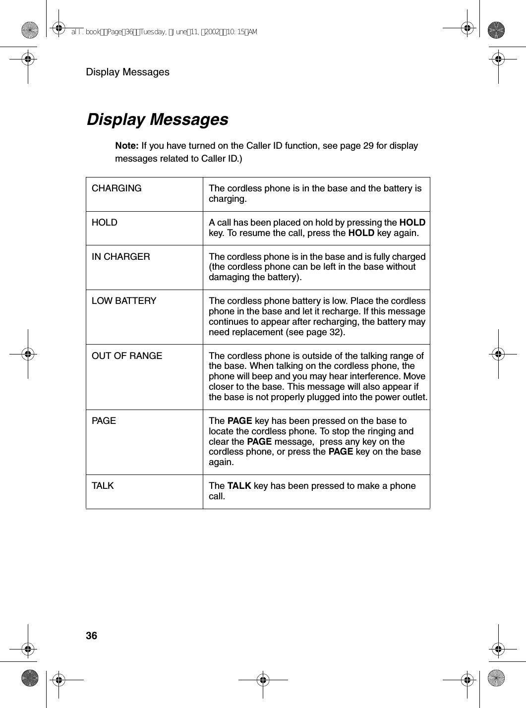 Display Messages36Display MessagesNote: If you have turned on the Caller ID function, see page 29 for display messages related to Caller ID.)CHARGING The cordless phone is in the base and the battery is charging.HOLD A call has been placed on hold by pressing the HOLD key. To resume the call, press the HOLD key again.IN CHARGER The cordless phone is in the base and is fully charged (the cordless phone can be left in the base without damaging the battery).LOW BATTERY The cordless phone battery is low. Place the cordless phone in the base and let it recharge. If this message continues to appear after recharging, the battery may need replacement (see page 32).OUT OF RANGE The cordless phone is outside of the talking range of the base. When talking on the cordless phone, the phone will beep and you may hear interference. Move closer to the base. This message will also appear if the base is not properly plugged into the power outlet.PAG E Th e  PAG E  key has been pressed on the base to locate the cordless phone. To stop the ringing and clear the PAGE message,  press any key on the cordless phone, or press the PAG E key on the base again.TALK The  TALK key has been pressed to make a phone call.all.bookPage36Tuesday,June11,200210:15AM