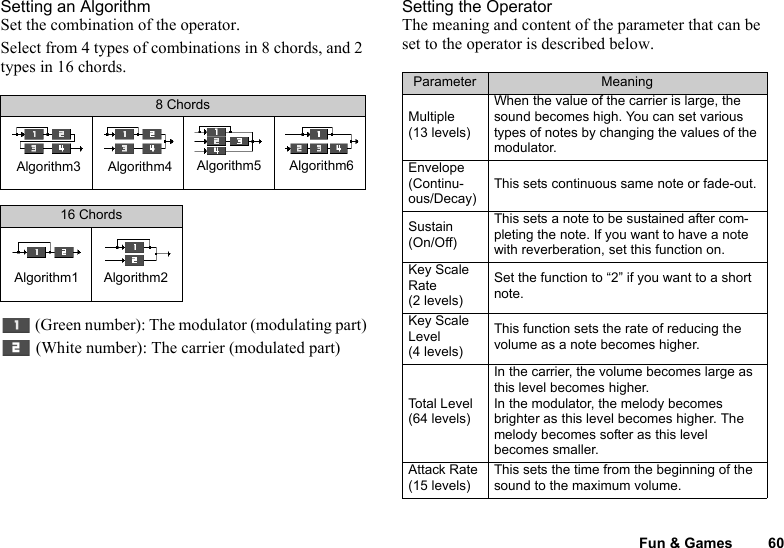 Fun &amp; Games 60Setting an AlgorithmSet the combination of the operator.Select from 4 types of combinations in 8 chords, and 2 types in 16 chords. (Green number): The modulator (modulating part) (White number): The carrier (modulated part)Setting the OperatorThe meaning and content of the parameter that can be set to the operator is described below.8 Chords16 ChordsAlgorithm3 Algorithm4 Algorithm5 Algorithm6Algorithm1 Algorithm2Parameter MeaningMultiple (13 levels)When the value of the carrier is large, the sound becomes high. You can set various types of notes by changing the values of the modulator.Envelope (Continu-ous/Decay)This sets continuous same note or fade-out.Sustain (On/Off)This sets a note to be sustained after com-pleting the note. If you want to have a note with reverberation, set this function on.Key Scale Rate (2 levels)Set the function to “2” if you want to a short note.Key Scale Level (4 levels)This function sets the rate of reducing the volume as a note becomes higher.Total Level (64 levels)In the carrier, the volume becomes large as this level becomes higher. In the modulator, the melody becomes brighter as this level becomes higher. The melody becomes softer as this level becomes smaller.Attack Rate (15 levels)This sets the time from the beginning of the sound to the maximum volume.