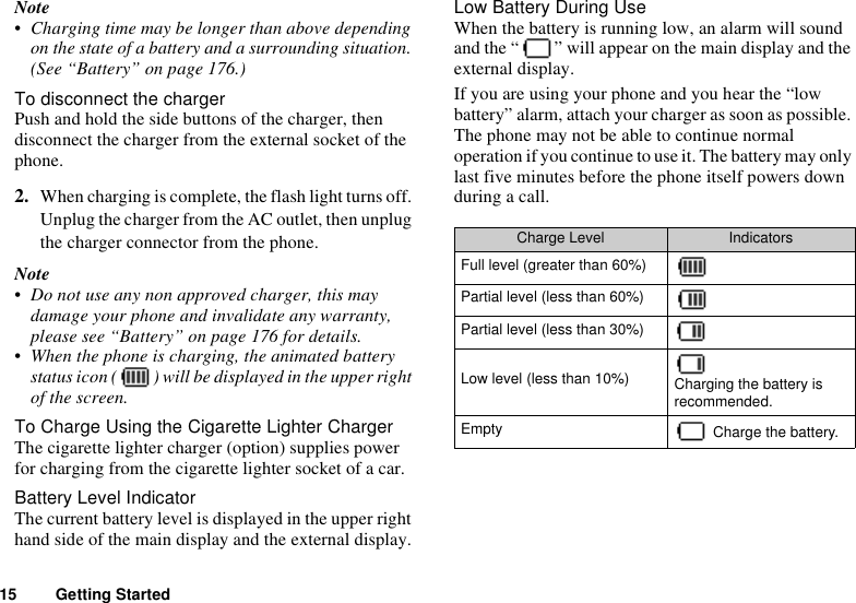 15 Getting StartedNote• Charging time may be longer than above depending on the state of a battery and a surrounding situation. (See “Battery” on page 176.)To disconnect the chargerPush and hold the side buttons of the charger, then disconnect the charger from the external socket of the phone.2. When charging is complete, the flash light turns off. Unplug the charger from the AC outlet, then unplug the charger connector from the phone.Note• Do not use any non approved charger, this may damage your phone and invalidate any warranty, please see “Battery” on page 176 for details.• When the phone is charging, the animated battery status icon ( ) will be displayed in the upper right of the screen.To Charge Using the Cigarette Lighter ChargerThe cigarette lighter charger (option) supplies power for charging from the cigarette lighter socket of a car.Battery Level IndicatorThe current battery level is displayed in the upper right hand side of the main display and the external display.Low Battery During UseWhen the battery is running low, an alarm will sound and the “ ” will appear on the main display and the external display.If you are using your phone and you hear the “low battery” alarm, attach your charger as soon as possible. The phone may not be able to continue normal operation if you continue to use it. The battery may only last five minutes before the phone itself powers down during a call.Charge Level IndicatorsFull level (greater than 60%)Partial level (less than 60%)Partial level (less than 30%)Low level (less than 10%) Charging the battery is recommended.Empty  Charge the battery.