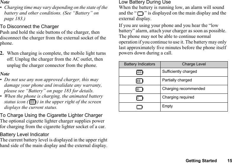 Getting Started 15Note• Charging time may vary depending on the state of the battery and other conditions. (See “Battery” on page 183.)To Disconnect the ChargerPush and hold the side buttons of the charger, then disconnect the charger from the external socket of the phone.2. When charging is complete, the mobile light turns off. Unplug the charger from the AC outlet, then unplug the charger connector from the phone.Note• Do not use any non approved charger, this may damage your phone and invalidate any warranty, please see “Battery” on page 183 for details.• When the phone is charging, the animated battery status icon ( ) in the upper right of the screen displays the current status.To Charge Using the Cigarette Lighter ChargerThe optional cigarette lighter charger supplies power for charging from the cigarette lighter socket of a car.Battery Level IndicatorThe current battery level is displayed in the upper right hand side of the main display and the external display.Low Battery During UseWhen the battery is running low, an alarm will sound and the “ ” is displayed on the main display and the external display.If you are using your phone and you hear the “low battery” alarm, attach your charger as soon as possible. The phone may not be able to continue normal operation if you continue to use it. The battery may only last approximately five minutes before the phone itself powers down during a call.Battery Indicators Charge LevelSufficiently chargedPartially chargedCharging recommendedCharging requiredEmpty