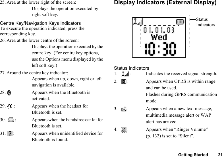 Getting Started 2125. Area at the lower right of the screen:Displays the operation executed by right soft key.Centre Key/Navigation Keys IndicatorsTo execute the operation indicated, press the corresponding key.26. Area at the lower centre of the screen:Displays the operation executed by the centre key. (For centre key options, use the Options menu displayed by the left soft key.)27. Around the centre key indicator:Appears when up, down, right or left navigation is available.28. : Appears when the Bluetooth is activated.29. : Appears when the headset for Bluetooth is set.30. : Appears when the handsfree car kit for Bluetooth is set.31. : Appears when unidentified device for Bluetooth is found.Display Indicators (External Display)Status Indicators1. : Indicates the received signal strength.2. : Appears when GPRS is within range and can be used.Flashes during GPRS communication mode.3. : Appears when a new text message, multimedia message alert or WAP alert has arrived.4. : Appears when “Ringer Volume” (p. 132) is set to “Silent”.Status Indicators
