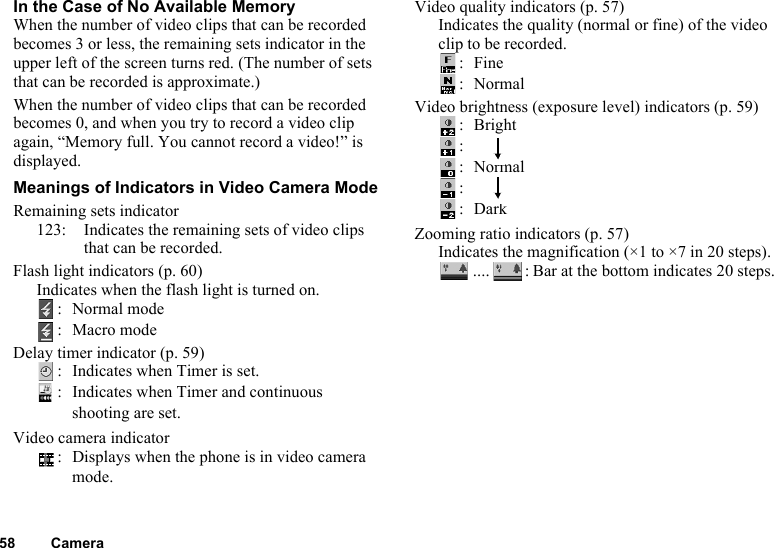 58 CameraIn the Case of No Available MemoryWhen the number of video clips that can be recorded becomes 3 or less, the remaining sets indicator in the upper left of the screen turns red. (The number of sets that can be recorded is approximate.)When the number of video clips that can be recorded becomes 0, and when you try to record a video clip again, “Memory full. You cannot record a video!” is displayed.Meanings of Indicators in Video Camera ModeRemaining sets indicator123: Indicates the remaining sets of video clips that can be recorded.Flash light indicators (p. 60)Indicates when the flash light is turned on.: Normal mode:Macro modeDelay timer indicator (p. 59): Indicates when Timer is set.: Indicates when Timer and continuous shooting are set.Video camera indicator: Displays when the phone is in video camera mode.Video quality indicators (p. 57)Indicates the quality (normal or fine) of the video clip to be recorded.:Fine:NormalVideo brightness (exposure level) indicators (p. 59):Bright:    :Normal:    :DarkZooming ratio indicators (p. 57)Indicates the magnification (×1 to ×7 in 20 steps)..... : Bar at the bottom indicates 20 steps.