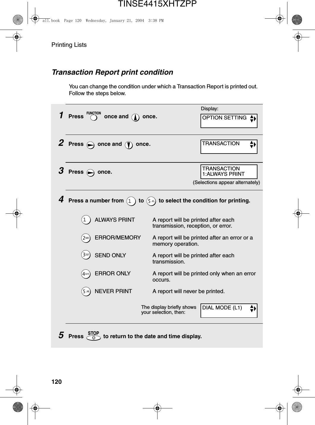 Printing Lists120Transaction Report print conditionYou can change the condition under which a Transaction Report is printed out. Follow the steps below.1Press   once and   once.2Press   once and   once.3Press  once.4Press a number from   to   to select the condition for printing.5Press   to return to the date and time display.ALWAYS PRINT A report will be printed after each transmission, reception, or error.ERROR/MEMORY A report will be printed after an error or a memory operation.SEND ONLY A report will be printed after each transmission.ERROR ONLY A report will be printed only when an error occurs.NEVER PRINT A report will never be printed.FUNCTIONSTOPThe display briefly shows your selection, then:(Selections appear alternately)Display:OPTION SETTINGTRANSACTIONDIAL MODE (L1)TRANSACTION1:ALWAYS PRINTall.book  Page 120  Wednesday, January 21, 2004  3:38 PMTINSE4415XHTZPP