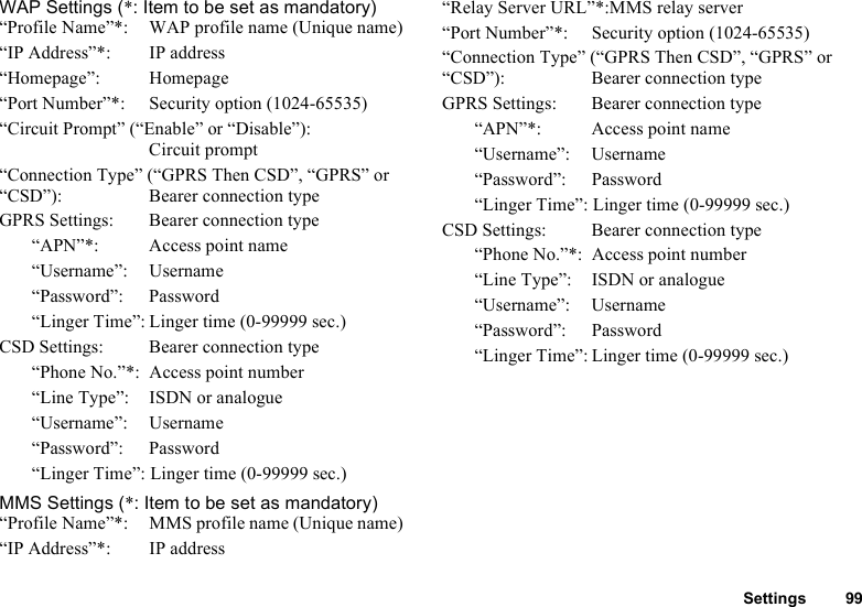 Settings 99WAP Settings (*: Item to be set as mandatory)“Profile Name”*: WAP profile name (Unique name)“IP Address”*: IP address“Homepage”: Homepage“Port Number”*: Security option (1024-65535)“Circuit Prompt” (“Enable” or “Disable”):Circuit prompt“Connection Type” (“GPRS Then CSD”, “GPRS” or “CSD”): Bearer connection typeGPRS Settings: Bearer connection type“APN”*: Access point name“Username”: Username“Password”: Password“Linger Time”: Linger time (0-99999 sec.)CSD Settings: Bearer connection type“Phone No.”*: Access point number“Line Type”:  ISDN or analogue“Username”: Username“Password”: Password“Linger Time”: Linger time (0-99999 sec.)MMS Settings (*: Item to be set as mandatory)“Profile Name”*: MMS profile name (Unique name)“IP Address”*: IP address“Relay Server URL”*:MMS relay server“Port Number”*: Security option (1024-65535)“Connection Type” (“GPRS Then CSD”, “GPRS” or “CSD”): Bearer connection typeGPRS Settings: Bearer connection type“APN”*: Access point name“Username”: Username“Password”: Password“Linger Time”: Linger time (0-99999 sec.)CSD Settings: Bearer connection type“Phone No.”*: Access point number“Line Type”:  ISDN or analogue“Username”: Username“Password”: Password“Linger Time”: Linger time (0-99999 sec.)