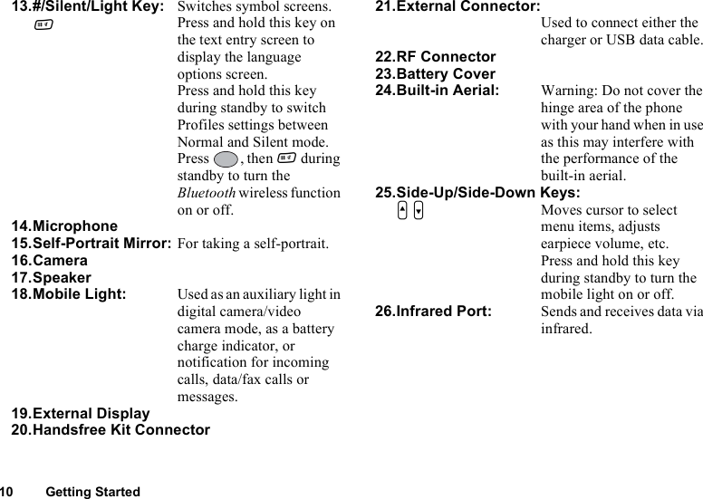 10 Getting Started13.#/Silent/Light Key:RSwitches symbol screens.Press and hold this key on the text entry screen to display the language options screen.Press and hold this key during standby to switch Profiles settings between Normal and Silent mode.Press , then R during standby to turn the Bluetooth wireless function on or off.14.Microphone15.Self-Portrait Mirror: For taking a self-portrait.16.Camera17.Speaker18.Mobile Light: Used as an auxiliary light in digital camera/video camera mode, as a battery charge indicator, or notification for incoming calls, data/fax calls or messages.19.External Display20.Handsfree Kit Connector21.External Connector:Used to connect either the charger or USB data cable.22.RF Connector23.Battery Cover24.Built-in Aerial: Warning: Do not cover the hinge area of the phone with your hand when in use as this may interfere with the performance of the built-in aerial.25.Side-Up/Side-Down Keys:V WMoves cursor to select menu items, adjusts earpiece volume, etc.Press and hold this key during standby to turn the mobile light on or off.26.Infrared Port: Sends and receives data via infrared.