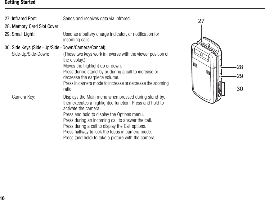 16Getting Started27. Infrared Port: Sends and receives data via infrared.28. Memory Card Slot Cover29. Small Light:  Used as a battery charge indicator, or notification for incoming calls.30. Side Keys (Side-Up/Side-Down/Camera/Cancel):Side-Up/Side-Down: (These two keys work in reverse with the viewer position of the display.)Moves the highlight up or down.Press during stand-by or during a call to increase or decrease the earpiece volume.Press in camera mode to increase or decrease the zooming ratio.Camera Key:  Displays the Main menu when pressed during stand-by, then executes a highlighted function. Press and hold to activate the camera.Press and hold to display the Options menu.Press during an incoming call to answer the call.Press during a call to display the Call options.Press halfway to lock the focus in camera mode.Press (and hold) to take a picture with the camera.27282930