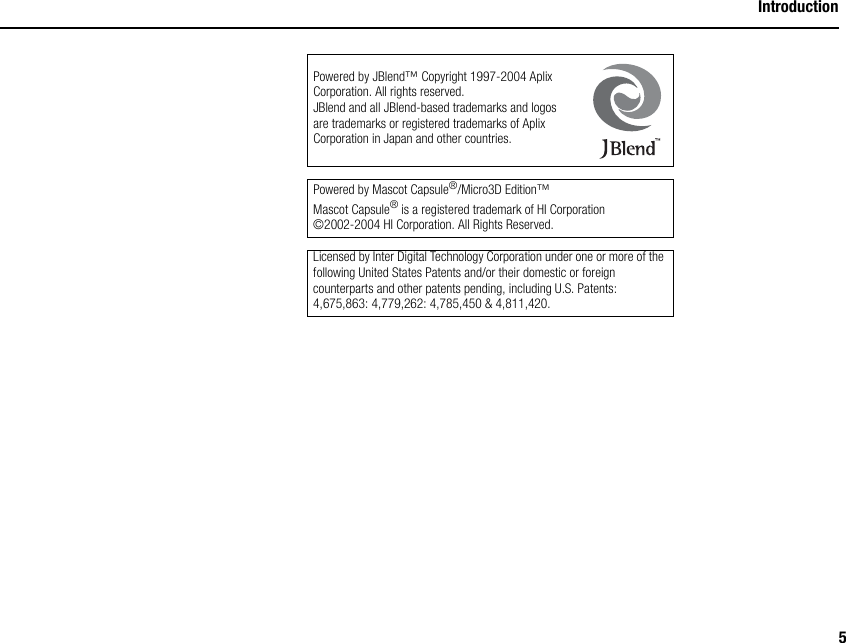 5IntroductionPowered by JBlend™ Copyright 1997-2004 Aplix Corporation. All rights reserved.JBlend and all JBlend-based trademarks and logos are trademarks or registered trademarks of Aplix Corporation in Japan and other countries. Powered by Mascot Capsule®/Micro3D Edition™Mascot Capsule® is a registered trademark of HI Corporation©2002-2004 HI Corporation. All Rights Reserved.Licensed by Inter Digital Technology Corporation under one or more of the following United States Patents and/or their domestic or foreign counterparts and other patents pending, including U.S. Patents: 4,675,863: 4,779,262: 4,785,450 &amp; 4,811,420.