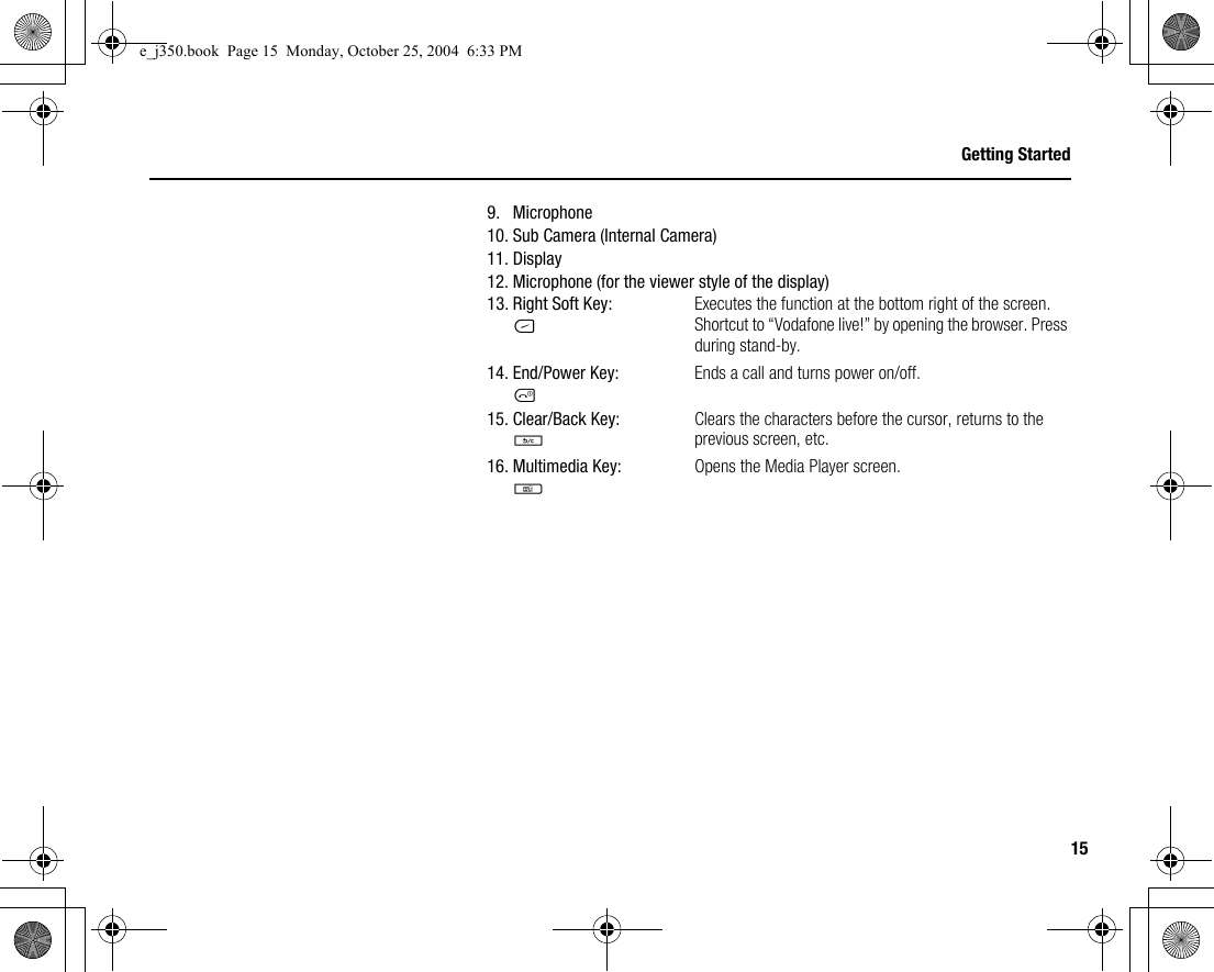 15Getting Started9. Microphone10. Sub Camera (Internal Camera)11. Display12. Microphone (for the viewer style of the display)13. Right Soft Key:CExecutes the function at the bottom right of the screen.Shortcut to “Vodafone live!” by opening the browser. Press during stand-by.14. End/Power Key:FEnds a call and turns power on/off.15. Clear/Back Key:UClears the characters before the cursor, returns to the previous screen, etc. 16. Multimedia Key:EOpens the Media Player screen.e_j350.book  Page 15  Monday, October 25, 2004  6:33 PM