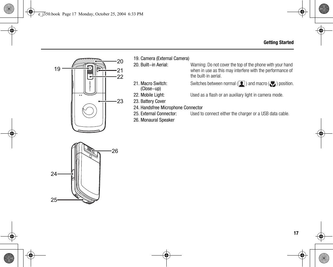 17Getting Started19. Camera (External Camera)20. Built-in Aerial: Warning: Do not cover the top of the phone with your hand when in use as this may interfere with the performance of the built-in aerial.21. Macro Switch:(Close-up) Switches between normal ( ) and macro ( ) position.22. Mobile Light: Used as a flash or an auxiliary light in camera mode.23. Battery Cover24. Handsfree Microphone Connector25. External Connector: Used to connect either the charger or a USB data cable.26. Monaural Speaker1922202123262425e_j350.book  Page 17  Monday, October 25, 2004  6:33 PM