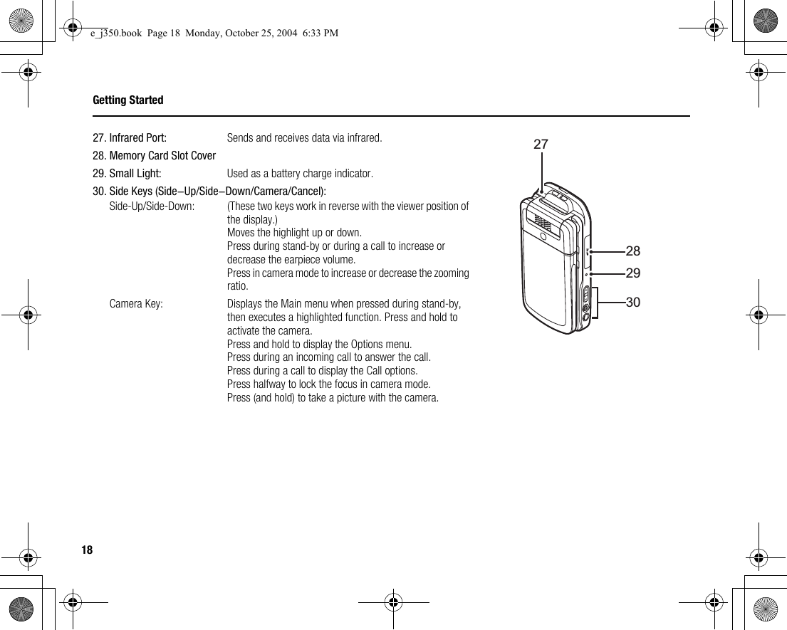 18Getting Started27. Infrared Port: Sends and receives data via infrared.28. Memory Card Slot Cover29. Small Light:  Used as a battery charge indicator.30. Side Keys (Side-Up/Side-Down/Camera/Cancel):Side-Up/Side-Down: (These two keys work in reverse with the viewer position of the display.)Moves the highlight up or down.Press during stand-by or during a call to increase or decrease the earpiece volume.Press in camera mode to increase or decrease the zooming ratio.Camera Key:  Displays the Main menu when pressed during stand-by, then executes a highlighted function. Press and hold to activate the camera.Press and hold to display the Options menu.Press during an incoming call to answer the call.Press during a call to display the Call options.Press halfway to lock the focus in camera mode.Press (and hold) to take a picture with the camera.27282930e_j350.book  Page 18  Monday, October 25, 2004  6:33 PM