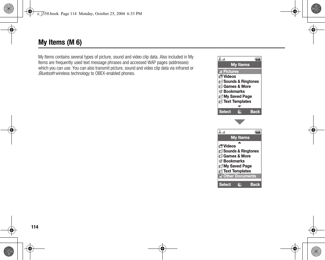 114My Items (M 6)My Items contains several types of picture, sound and video clip data. Also included in My Items are frequently used text message phrases and accessed WAP pages (addresses) which you can use. You can also transmit picture, sound and video clip data via infrared or Bluetooth wireless technology to OBEX-enabled phones.Select Back My ItemsPicturesVideosSounds &amp; RingtonesGames &amp; MoreBookmarksMy Saved PageText TemplatesSelect Back My ItemsOther DocumentsVideosSounds &amp; RingtonesGames &amp; MoreBookmarksMy Saved PageText Templatese_j350.book  Page 114  Monday, October 25, 2004  6:33 PM