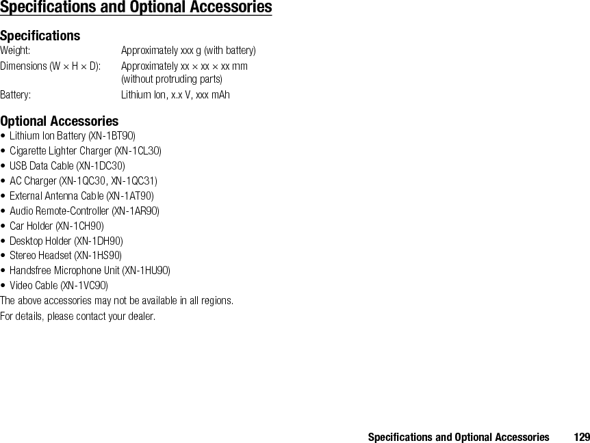 130 Specifications and Optional Accessories