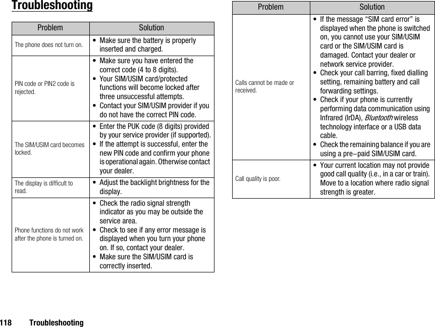 118 TroubleshootingTroubleshootingProblem SolutionThe phone does not turn on. •Make sure the battery is properly inserted and charged.PIN code or PIN2 code is rejected.•Make sure you have entered the correct code (4 to 8 digits).•Your SIM/USIM card/protected functions will become locked after three unsuccessful attempts.•Contact your SIM/USIM provider if you do not have the correct PIN code.The SIM/USIM card becomes locked.•Enter the PUK code (8 digits) provided by your service provider (if supported).•If the attempt is successful, enter the new PIN code and confirm your phone is operational again. Otherwise contact your dealer.The display is difficult to read.•Adjust the backlight brightness for the display.Phone functions do not work after the phone is turned on.•Check the radio signal strength indicator as you may be outside the service area.•Check to see if any error message is displayed when you turn your phone on. If so, contact your dealer.•Make sure the SIM/USIM card is correctly inserted.Calls cannot be made or received.•If the message “SIM card error” is displayed when the phone is switched on, you cannot use your SIM/USIM card or the SIM/USIM card is damaged. Contact your dealer or network service provider.•Check your call barring, fixed dialling setting, remaining battery and call forwarding settings.•Check if your phone is currently performing data communication using Infrared (IrDA), Bluetooth wireless technology interface or a USB data cable.•Check the remaining balance if you are using a pre-paid SIM/USIM card.Call quality is poor.•Your current location may not provide good call quality (i.e., in a car or train). Move to a location where radio signal strength is greater.Problem Solution