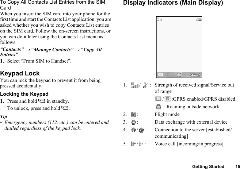 Getting Started 15To Copy All Contacts List Entries from the SIM CardWhen you insert the SIM card into your phone for the first time and start the Contacts List application, you are asked whether you wish to copy Contacts List entries on the SIM card. Follow the on-screen instructions, or you can do it later using the Contacts List menu as follows:“Contacts” → “Manage Contacts” → “Copy All Entries”1. Select “From SIM to Handset”.Keypad LockYou can lock the keypad to prevent it from being pressed accidentally.Locking the Keypad1. Press and hold P in standby.To unlock, press and hold P.Tip• Emergency numbers (112, etc.) can be entered and dialled regardless of the keypad lock.Display Indicators (Main Display)1. / : Strength of received signal/Service out of range/ :GPRS enabled/GPRS disabled: Roaming outside network2. : Flight mode3. : Data exchange with external device4. / : Connection to the server [established/communicating]5. / : Voice call [incoming/in progress]