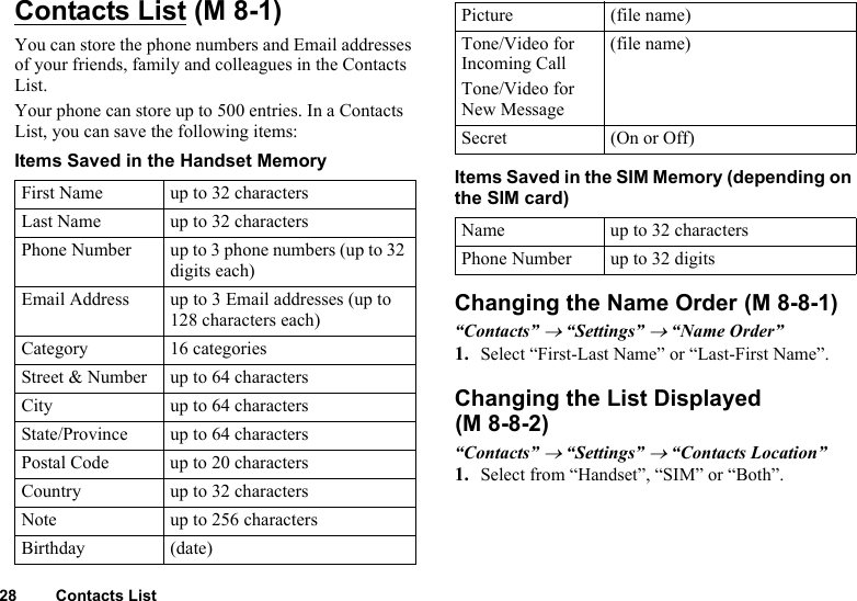 28 Contacts ListContacts ListYou can store the phone numbers and Email addresses of your friends, family and colleagues in the Contacts List.Your phone can store up to 500 entries. In a Contacts List, you can save the following items:Items Saved in the Handset MemoryItems Saved in the SIM Memory (depending on the SIM card)Changing the Name Order“Contacts” → “Settings” → “Name Order”1. Select “First-Last Name” or “Last-First Name”.Changing the List Displayed “Contacts” → “Settings” → “Contacts Location”1. Select from “Handset”, “SIM” or “Both”.First Name up to 32 charactersLast Name up to 32 charactersPhone Number up to 3 phone numbers (up to 32 digits each)Email Address up to 3 Email addresses (up to 128 characters each)Category 16 categoriesStreet &amp; Number up to 64 charactersCity up to 64 charactersState/Province up to 64 charactersPostal Code up to 20 charactersCountry up to 32 charactersNote up to 256 charactersBirthday (date) (M 8-1) Picture (file name)Tone/Video for Incoming CallTone/Video for New Message(file name)Secret (On or Off)Name up to 32 charactersPhone Number up to 32 digits (M 8-8-1)(M 8-8-2)