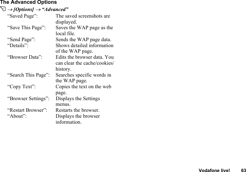 Vodafone live! 63The Advanced OptionsC → [Options] → “Advanced”“Saved Page”: The saved screenshots are displayed.“Save This Page”: Saves the WAP page as the local file.“Send Page”: Sends the WAP page data.“Details”: Shows detailed information of the WAP page.“Browser Data”: Edits the browser data. You can clear the cache/cookies/history.“Search This Page”: Searches specific words in the WAP page.“Copy Text”: Copies the text on the web page.“Browser Settings”: Displays the Settings menus.“Restart Browser”: Restarts the browser.“About”: Displays the browser information.