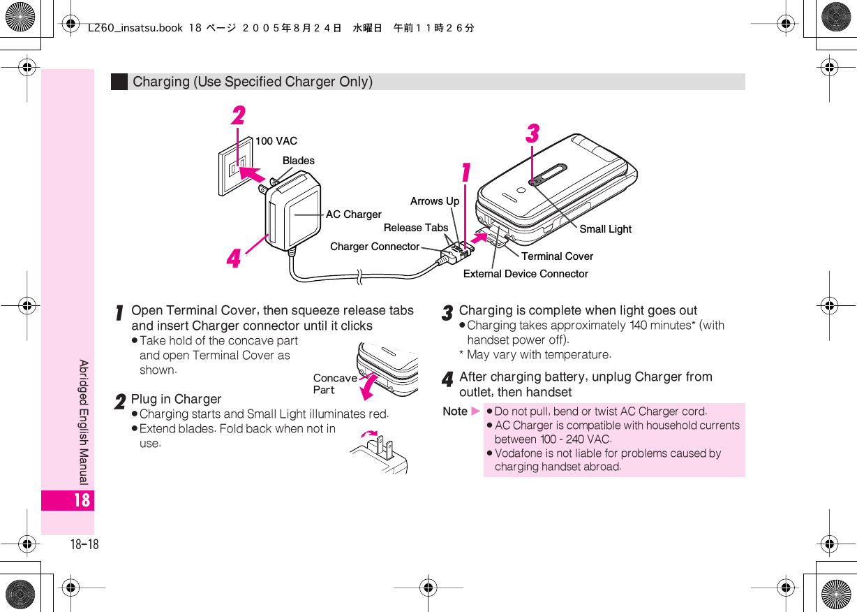  18-18 Abridged English Manual 18 1 Open Terminal Cover, then squeeze release tabs and insert Charger connector until it clicks . Take hold of the concave part and open Terminal Cover as shown. 2 Plug in Charger . Charging starts and Small Light illuminates red. . Extend blades. Fold back when not in use. 3 Charging is complete when light goes out . Charging takes approximately 140 minutes* (with handset power off).* May vary with temperature. 4 After charging battery, unplug Charger from outlet, then handset Charging (Use Specified Charger Only)Small Light1234100 VACRelease TabsCharger ConnectorBladesAC ChargerArrows UpExternal Device ConnectorTerminal CoverConcavePart Note  X . Do not pull, bend or twist AC Charger cord. . AC Charger is compatible with household currents between 100 - 240 VAC. . Vodafone is not liable for problems caused by charging handset abroad.L260_insatsu.book 18 ページ ２００５年８月２４日　水曜日　午前１１時２６分