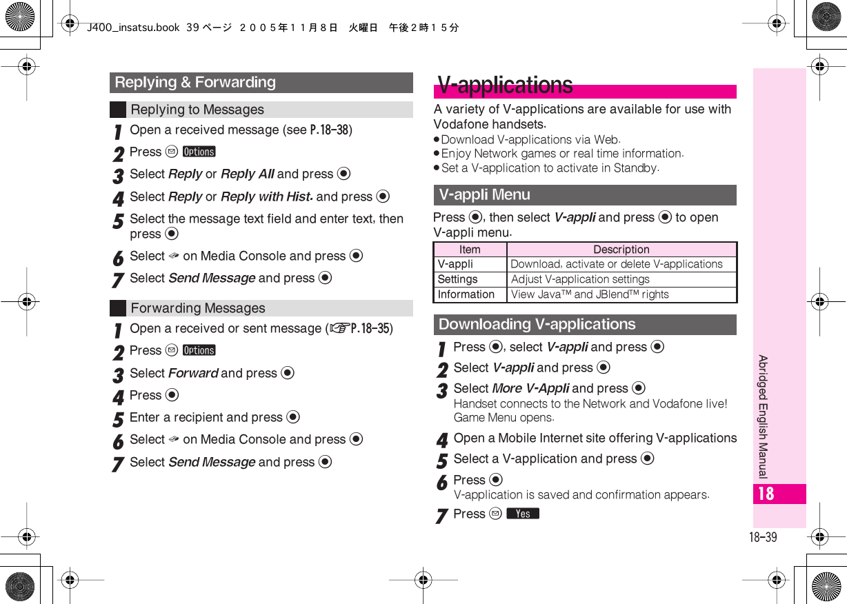  18-39 Abridged English Manual 18 1 Open a received message (see  P.18-38 ) 2 Press  B   ø 3 Select  Reply  or  Reply All  and press  % 4 Select  Reply  or  Reply with Hist.  and press  % 5 Select the message text field and enter text, then press  % 6 Select  &lt;  on Media Console and press  % 7 Select  Send Message  and press  % 1 Open a received or sent message ( AP.18-35 ) 2 Press  B   ø3Select Forward and press %4Press %5Enter a recipient and press %6Select &lt; on Media Console and press %7Select Send Message and press %A variety of V-applications are available for use with Vodafone handsets..Download V-applications via Web..Enjoy Network games or real time information..Set a V-application to activate in Standby.Press %, then select V-appli and press % to open V-appli menu.1Press %, select V-appli and press %2Select V-appli and press %3Select More V-Appli and press %Handset connects to the Network and Vodafone live! Game Menu opens.4Open a Mobile Internet site offering V-applications5Select a V-application and press %6Press %V-application is saved and confirmation appears.7Press B YReplying &amp; ForwardingReplying to MessagesForwarding MessagesV-applicationsV-appli MenuItem  DescriptionV-appli Download, activate or delete V-applicationsSettings Adjust V-application settingsInformation View Java™ and JBlend™ rightsDownloading V-applicationsJ400_insatsu.book 39 ページ ２００５年１１月８日　火曜日　午後２時１５分