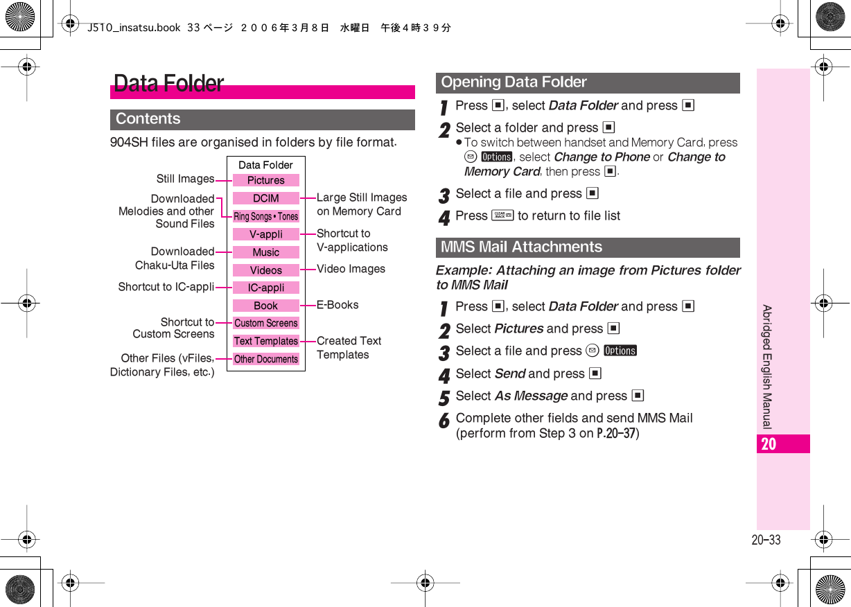  20-33 Abridged English Manual 20 904SH files are organised in folders by file format. 1 Press  % , select  Data Folder  and press  % 2 Select a folder and press  % . To switch between handset and Memory Card, press  B   ø , select  Change to   Phone  or  Change to   Memory Card , then press  % . 3 Select a file and press  % 4 Press  $  to return to file list Example: Attaching an image from Pictures folderto MMS Mail 1 Press  % , select  Data Folder  and press  % 2 Select  Pictures  and press  % 3 Select a file and press  B ø4Select Send and press %5Select As Message and press %6Complete other fields and send MMS Mail(perform from Step 3 on P.20-37)Data FolderContentsData FolderRing Songs • TonesMusicV-appliIC-appliBookVideosCustom ScreensOther DocumentsText TemplatesPicturesDCIMStill ImagesLarge Still Images on Memory CardDownloadedMelodies and otherSound Files Shortcut to V-applicationsDownloadedChaku-Uta Files Video ImagesShortcut to IC-appliShortcut toCustom Screens Created Text TemplatesOther Files (vFiles,Dictionary Files, etc.)E-BooksOpening Data FolderMMS Mail AttachmentsJ510_insatsu.book 33 ページ ２００６年３月８日　水曜日　午後４時３９分