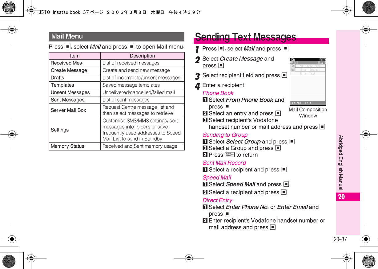  20-37 Abridged English Manual 20 Press  % , select  Mail  and press  %  to open Mail menu. 1 Press  % , select  Mail  and press  % 2 Select  Create Message  and press  % 3 Select recipient field and press  % 4 Enter a recipient Phone Book 1 Select  From Phone Book  and press  % 2 Select an entry and press  % 3 Select recipient&apos;s Vodafone handset number or mail address and press  % Sending to Group 1 Select  Select Group  and press  % 2 Select a Group and press  % 3 Press  $  to return Sent Mail Record 1Select a recipient and press %Speed Mail1Select Speed Mail and press %2Select a recipient and press %Direct Entry1Select Enter Phone No. or Enter Email and press %2Enter recipient&apos;s Vodafone handset number or mail address and press %Mail MenuItem DescriptionReceived Mes. List of received messagesCreate Message Create and send new messageDrafts List of incomplete/unsent messagesTemplates Saved message templatesUnsent Messages Undelivered/cancelled/failed mailSent Messages List of sent messagesServer Mail Box Request Centre message list and then select messages to retrieveSettingsCustomise SMS/MMS settings, sort messages into folders or save frequently used addresses to Speed Mail List to send in StandbyMemory Status Received and Sent memory usageSending Text MessagesMail Composition WindowJ510_insatsu.book 37 ページ ２００６年３月８日　水曜日　午後４時３９分