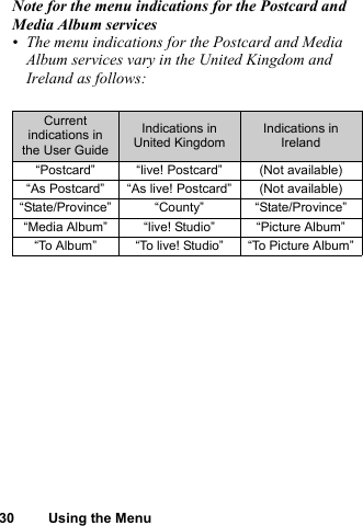 30 Using the MenuNote for the menu indications for the Postcard and Media Album services• The menu indications for the Postcard and Media Album services vary in the United Kingdom and Ireland as follows:Current indications in the User GuideIndications in United KingdomIndications in Ireland“Postcard” “live! Postcard” (Not available)“As Postcard” “As live! Postcard” (Not available)“State/Province” “County” “State/Province”“Media Album” “live! Studio” “Picture Album”“To Album” “To live! Studio” “To Picture Album”