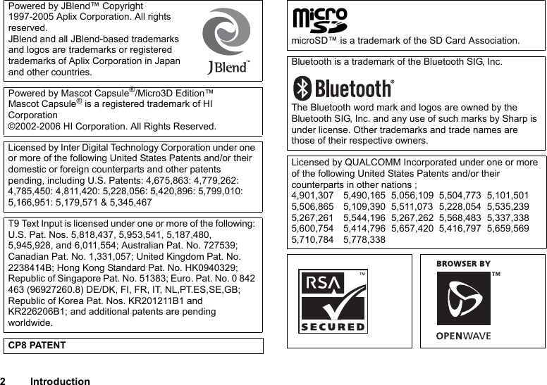 2IntroductionPowered by JBlend™ Copyright 1997-2005 Aplix Corporation. All rights reserved.JBlend and all JBlend-based trademarks and logos are trademarks or registered trademarks of Aplix Corporation in Japan and other countries.Powered by Mascot Capsule®/Micro3D Edition™Mascot Capsule® is a registered trademark of HI Corporation©2002-2006 HI Corporation. All Rights Reserved.Licensed by Inter Digital Technology Corporation under one or more of the following United States Patents and/or their domestic or foreign counterparts and other patents pending, including U.S. Patents: 4,675,863: 4,779,262: 4,785,450: 4,811,420: 5,228,056: 5,420,896: 5,799,010: 5,166,951: 5,179,571 &amp; 5,345,467T9 Text Input is licensed under one or more of the following: U.S. Pat. Nos. 5,818,437, 5,953,541, 5,187,480, 5,945,928, and 6,011,554; Australian Pat. No. 727539; Canadian Pat. No. 1,331,057; United Kingdom Pat. No. 2238414B; Hong Kong Standard Pat. No. HK0940329; Republic of Singapore Pat. No. 51383; Euro. Pat. No. 0 842 463 (96927260.8) DE/DK, FI, FR, IT, NL,PT.ES,SE,GB; Republic of Korea Pat. Nos. KR201211B1 and KR226206B1; and additional patents are pending worldwide.CP8 PATENTmicroSD™ is a trademark of the SD Card Association.Bluetooth is a trademark of the Bluetooth SIG, Inc.The Bluetooth word mark and logos are owned by the Bluetooth SIG, Inc. and any use of such marks by Sharp is under license. Other trademarks and trade names are those of their respective owners.Licensed by QUALCOMM Incorporated under one or more of the following United States Patents and/or their counterparts in other nations ;4,901,307 5,490,165 5,056,109 5,504,773 5,101,5015,506,865 5,109,390 5,511,073 5,228,054 5,535,2395,267,261 5,544,196 5,267,262 5,568,483 5,337,3385,600,754 5,414,796 5,657,420 5,416,797 5,659,5695,710,784 5,778,338