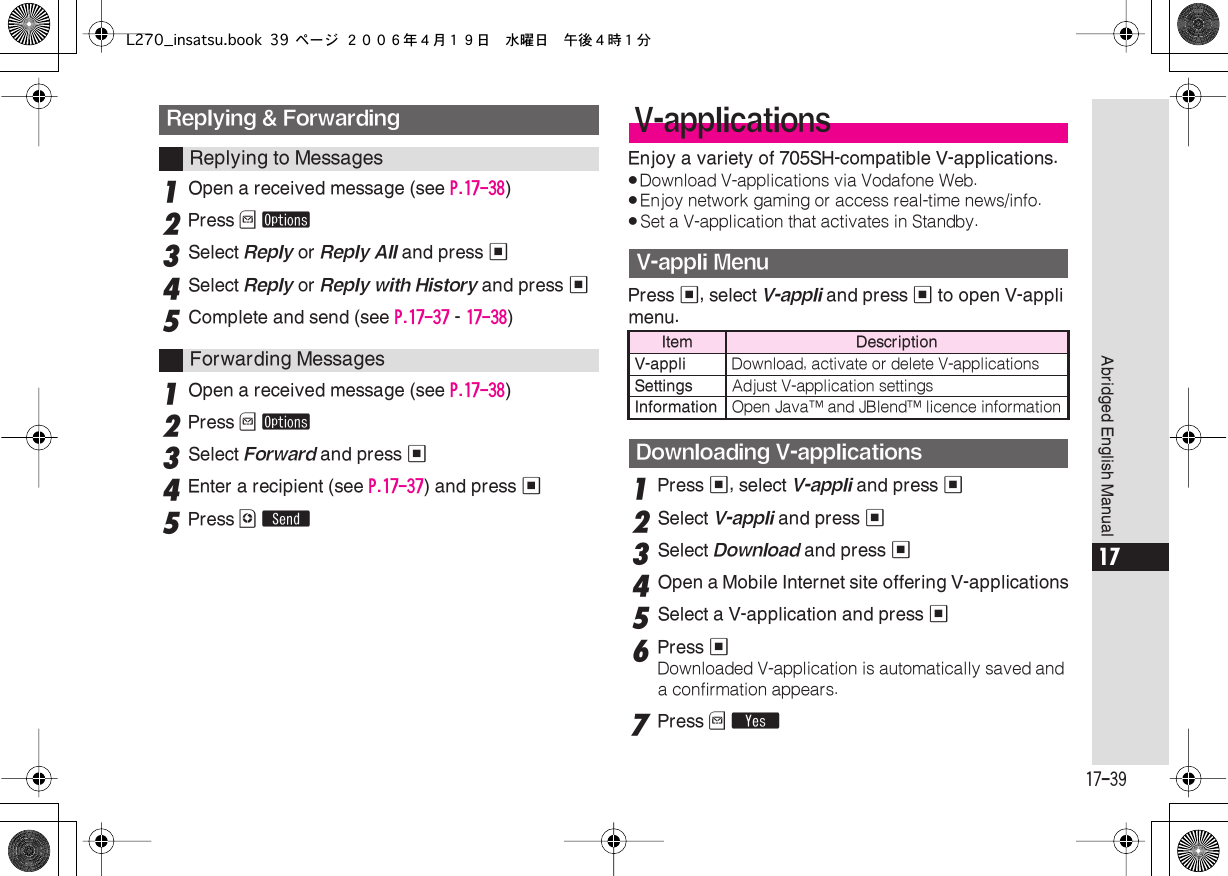  17-39 Abridged English Manual 17 1 Open a received message (see  P.17-38 ) 2 Press  B   ø 3 Select  Reply  or  Reply All  and press  % 4 Select  Reply  or  Reply with History  and press  % 5 Complete and send (see  P.17-37  -  17-38 ) 1 Open a received message (see  P.17-38 ) 2 Press  B   ø 3 Select  Forward  and press  % 4 Enter a recipient (see  P.17-37 ) and press  % 5Press A SEnjoy a variety of 705SH-compatible V-applications..Download V-applications via Vodafone Web..Enjoy network gaming or access real-time news/info..Set a V-application that activates in Standby.Press %, select V-appli and press % to open V-appli menu.1Press %, select V-appli and press %2Select V-appli and press %3Select Download and press %4Open a Mobile Internet site offering V-applications5Select a V-application and press %6Press %Downloaded V-application is automatically saved and a confirmation appears.7Press B YReplying &amp; ForwardingReplying to MessagesForwarding MessagesV-applicationsV-appli MenuItem  DescriptionV-appli Download, activate or delete V-applicationsSettings Adjust V-application settingsInformation Open Java™ and JBlend™ licence informationDownloading V-applicationsL270_insatsu.book 39 ページ ２００６年４月１９日　水曜日　午後４時１分