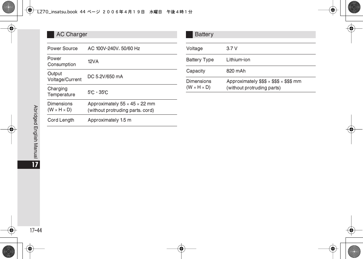  17-44 Abridged English Manual 17 AC Charger Power Source AC 100V-240V, 50/60 HzPower Consumption 12VAOutput Voltage/Current DC 5.2V/650 mACharging Temperature 5℃  - 35℃ Dimensions (W   ×   H   ×   D)Approximately 55   ×   45   ×   22 mm(without protruding parts, cord)  Cord Length Approximately 1.5 m Battery Voltage 3.7 VBattery Type Lithium-ionCapacity 820 mAhDimensions (W  ×   H   ×   D)Approximately $$$   ×   $$$   ×   $$$ mm(without protruding parts)L270_insatsu.book 44 ページ ２００６年４月１９日　水曜日　午後４時１分