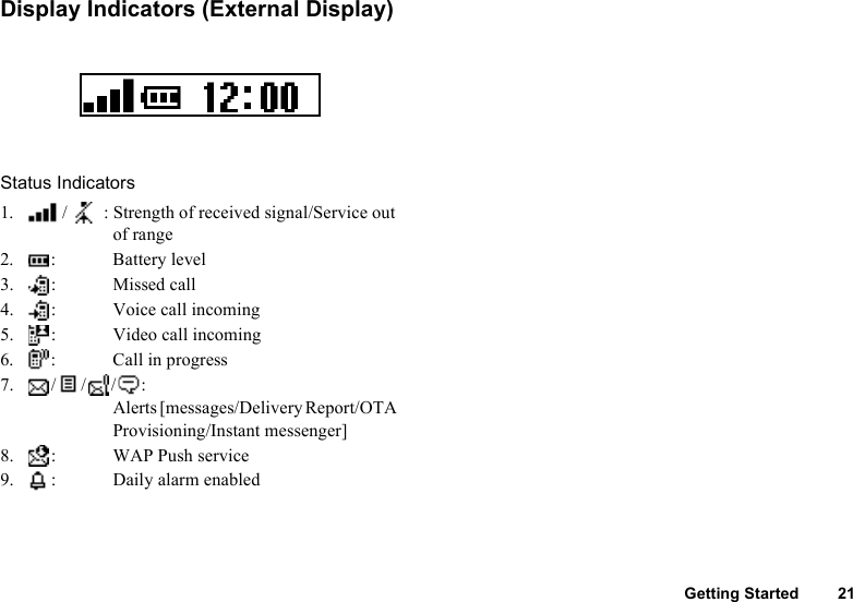Getting Started 21Display Indicators (External Display)Status Indicators1. / : Strength of received signal/Service out of range2. : Battery level3. : Missed call4. : Voice call incoming5. : Video call incoming6. : Call in progress7. ///:Alerts [messages/Delivery Report/OTA Provisioning/Instant messenger]8. : WAP Push service9. : Daily alarm enabled