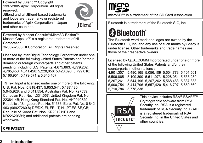 2IntroductionPowered by JBlend™ Copyright 1997-2005 Aplix Corporation. All rights reserved.JBlend and all JBlend-based trademarks and logos are trademarks or registered trademarks of Aplix Corporation in Japan and other countries.Powered by Mascot Capsule®/Micro3D Edition™Mascot Capsule® is a registered trademark of HI Corporation©2002-2006 HI Corporation. All Rights Reserved.Licensed by Inter Digital Technology Corporation under one or more of the following United States Patents and/or their domestic or foreign counterparts and other patents pending, including U.S. Patents: 4,675,863: 4,779,262: 4,785,450: 4,811,420: 5,228,056: 5,420,896: 5,799,010: 5,166,951: 5,179,571 &amp; 5,345,467T9 Text Input is licensed under one or more of the following: U.S. Pat. Nos. 5,818,437, 5,953,541, 5,187,480, 5,945,928, and 6,011,554; Australian Pat. No. 727539; Canadian Pat. No. 1,331,057; United Kingdom Pat. No. 2238414B; Hong Kong Standard Pat. No. HK0940329; Republic of Singapore Pat. No. 51383; Euro. Pat. No. 0 842 463 (96927260.8) DE/DK, FI, FR, IT, NL,PT.ES,SE,GB; Republic of Korea Pat. Nos. KR201211B1 and KR226206B1; and additional patents are pending worldwide.CP8 PATENTmicroSD™ is a trademark of the SD Card Association.Bluetooth is a trademark of the Bluetooth SIG, Inc.The Bluetooth word mark and logos are owned by the Bluetooth SIG, Inc. and any use of such marks by Sharp is under license. Other trademarks and trade names are those of their respective owners.Licensed by QUALCOMM Incorporated under one or more of the following United States Patents and/or their counterparts in other nations ;4,901,307 5,490,165 5,056,109 5,504,773 5,101,5015,506,865 5,109,390 5,511,073 5,228,054 5,535,2395,267,261 5,544,196 5,267,262 5,568,483 5,337,3385,600,754 5,414,796 5,657,420 5,416,797 5,659,5695,710,784 5,778,338This device includes RSA® BSAFE™ Cryptographic software from RSA Security Inc. RSA is a registered trademark of RSA Security Inc. BSAFE is a registered trademark of RSA Security Inc. in the United States and other countries. 