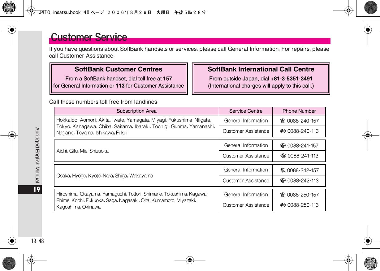  19-48 Abridged English Manual 19 If you have questions about SoftBank handsets or services, please call General Information. For repairs, please call Customer Assistance.Call these numbers toll free from landlines. Customer ServiceSoftBank Customer CentresFrom a SoftBank handset, dial toll free at 157for General Information or 113 for Customer AssistanceSoftBank International Call CentreFrom outside Japan, dial +81-3-5351-3491(International charges will apply to this call.)Subscription Area Service Centre Phone NumberGeneral Information ƒ 0088-240-157Hokkaido, Aomori, Akita, Iwate, Yamagata, Miyagi, Fukushima, Niigata, Tokyo, Kanagawa, Chiba, Saitama, Ibaraki, Tochigi, Gunma, Yamanashi, Nagano, Toyama, Ishikawa, Fukui Customer Assistance ƒ 0088-240-113General Information ƒ 0088-241-157Aichi, Gifu, Mie, Shizuoka Customer Assistance ƒ 0088-241-113General Information ƒ 0088-242-157Osaka, Hyogo, Kyoto, Nara, Shiga, Wakayama Customer Assistance ƒ 0088-242-113General Information ƒ 0088-250-157Hiroshima, Okayama, Yamaguchi, Tottori, Shimane, Tokushima, Kagawa, Ehime, Kochi, Fukuoka, Saga, Nagasaki, Oita, Kumamoto, Miyazaki, Kagoshima, Okinawa Customer Assistance ƒ 0088-250-113J410_insatsu.book 48 ページ ２００６年８月２９日　火曜日　午後５時２８分
