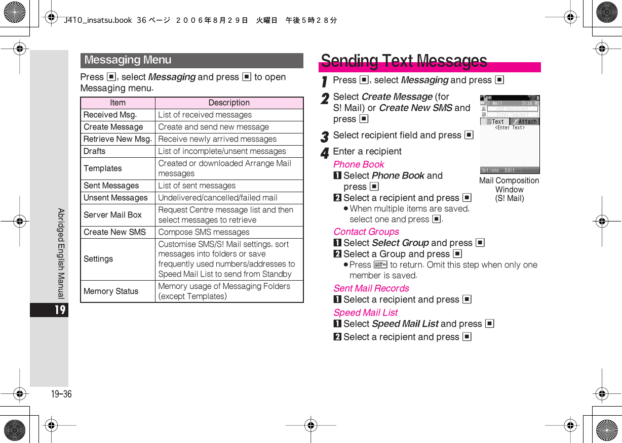  19-36 Abridged English Manual 19 Press  % , select  Messaging  and press  %  to open Messaging menu. 1 Press  % , select  Messaging  and press  % 2 Select  Create Message  (for S! Mail) or  Create New SMS  and press  % 3 Select recipient field and press  % 4 Enter a recipient Phone Book 1 Select  Phone Book  and press  % 2 Select a recipient and press  % . When multiple items are saved, select one and press  % . Contact Groups 1 Select  Select Group  and press  % 2 Select a Group and press  % . Press  $ to return. Omit this step when only one member is saved.Sent Mail Records1Select a recipient and press %Speed Mail List1Select Speed Mail List and press %2Select a recipient and press %Messaging MenuItem DescriptionReceived Msg. List of received messagesCreate Message Create and send new messageRetrieve New Msg. Receive newly arrived messagesDrafts List of incomplete/unsent messagesTemplates Created or downloaded Arrange Mail messagesSent Messages List of sent messagesUnsent Messages Undelivered/cancelled/failed mailServer Mail Box Request Centre message list and then select messages to retrieveCreate New SMS Compose SMS messagesSettingsCustomise SMS/S! Mail settings, sort messages into folders or save frequently used numbers/addresses to Speed Mail List to send from StandbyMemory Status Memory usage of Messaging Folders (except Templates)Sending Text MessagesMail Composition Window(S! Mail)J410_insatsu.book 36 ページ ２００６年８月２９日　火曜日　午後５時２８分