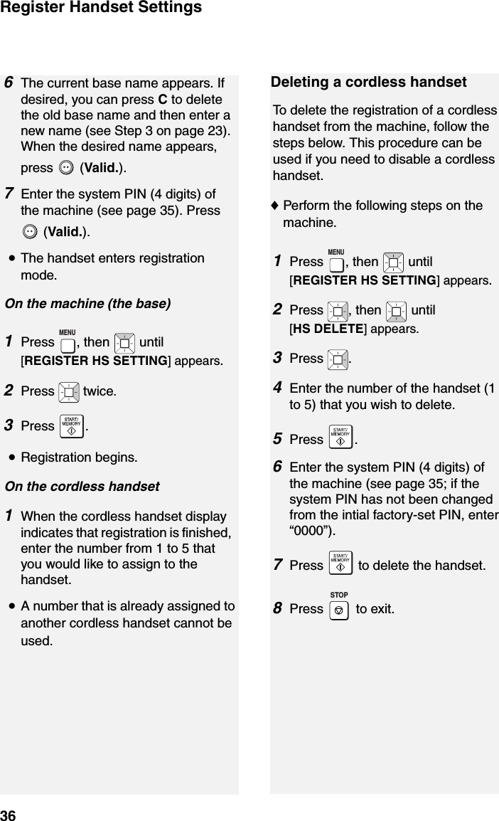 Register Handset Settings366The current base name appears. If desired, you can press C to delete the old base name and then enter a new name (see Step 3 on page 23). When the desired name appears, press  (Valid.).7Enter the system PIN (4 digits) of the machine (see page 35). Press  (Valid.).•The handset enters registration mode.On the machine (the base)1Press , then   until [REGISTER HS SETTING] appears.2Press  twice.3Press .•Registration begins.On the cordless handset1When the cordless handset display indicates that registration is finished, enter the number from 1 to 5 that you would like to assign to the handset. •A number that is already assigned to another cordless handset cannot be used.MENUDeleting a cordless handsetTo delete the registration of a cordless handset from the machine, follow the steps below. This procedure can be used if you need to disable a cordless handset.♦Perform the following steps on the machine.1Press  , then   until [REGISTER HS SETTING] appears.2Press  , then   until [HS DELETE] appears.3Press .4Enter the number of the handset (1 to 5) that you wish to delete.5Press .6Enter the system PIN (4 digits) of the machine (see page 35; if the system PIN has not been changed from the intial factory-set PIN, enter “0000”).7Press   to delete the handset.8Press  to exit.MENUSTOP