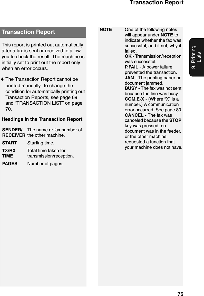 Transaction Report759. PrintingListsNOTE One of the following notes will appear under NOTE to indicate whether the fax was successful, and if not, why it failed.OK - Transmission/reception was successful.P. FA I L  - A power failure prevented the transaction.JAM - The printing paper or document jammed.BUSY - The fax was not sent because the line was busy.COM.E-X - (Where “X” is a number.) A communication error occurred. See page 80.CANCEL - The fax was canceled because the STOP key was pressed, no document was in the feeder, or the other machine requested a function that your machine does not have.This report is printed out automatically after a fax is sent or received to allow you to check the result. The machine is initially set to print out the report only when an error occurs. ♦The Transaction Report cannot be printed manually. To change the condition for automatically printing out Transaction Reports, see page 69 and “TRANSACTION LIST” on page 70.Headings in the Transaction ReportSENDER/RECEIVERThe name or fax number of the other machine. START Starting time.TX/RX TIMETotal time taken for transmission/reception.PAGES Number of pages.Transaction Report