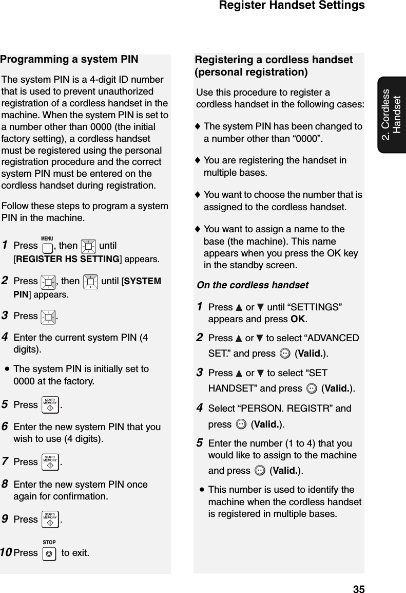 Register Handset Settings352. Cordless HandsetProgramming a system PINThe system PIN is a 4-digit ID number that is used to prevent unauthorized registration of a cordless handset in the machine. When the system PIN is set to a number other than 0000 (the initial factory setting), a cordless handset must be registered using the personal registration procedure and the correct system PIN must be entered on the cordless handset during registration. Follow these steps to program a system PIN in the machine.1Press , then   until [REGISTER HS SETTING] appears.2Press  , then   until [SYSTEM PIN] appears.3Press .4Enter the current system PIN (4 digits).•The system PIN is initially set to 0000 at the factory.5Press .6Enter the new system PIN that you wish to use (4 digits).7Press .8Enter the new system PIN once again for confirmation.9Press .10 Press  to exit.MENUSTOPRegistering a cordless handset (personal registration)Use this procedure to register a cordless handset in the following cases:♦The system PIN has been changed to a number other than “0000”.♦You are registering the handset in multiple bases.♦You want to choose the number that is assigned to the cordless handset. ♦You want to assign a name to the base (the machine). This name appears when you press the OK key in the standby screen.On the cordless handset1Press   or   until “SETTINGS” appears and press OK.2Press   or   to select “ADVANCED SET.” and press   (Valid.).3Press   or   to select “SET HANDSET” and press   (Valid.).4Select “PERSON. REGISTR” and press  (Valid.).5Enter the number (1 to 4) that you would like to assign to the machine and press   (Valid.). •This number is used to identify the machine when the cordless handset is registered in multiple bases.