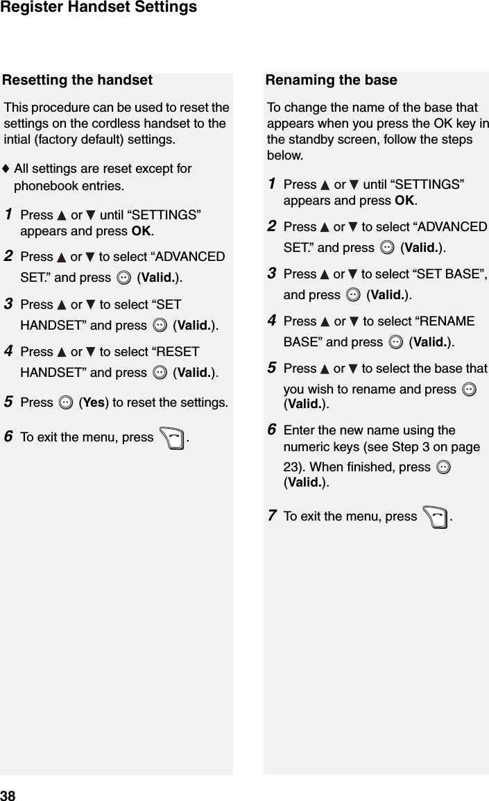 Register Handset Settings38Resetting the handsetThis procedure can be used to reset the settings on the cordless handset to the intial (factory default) settings.♦All settings are reset except for phonebook entries.1Press  or  until “SETTINGS” appears and press OK.2Press   or   to select “ADVANCED SET.” and press   (Valid.).3Press   or   to select “SET HANDSET” and press   (Valid.).4Press   or   to select “RESET HANDSET” and press   (Valid.).5Press  (Yes) to reset the settings.6To exit the menu, press  .Renaming the baseTo change the name of the base that appears when you press the OK key in the standby screen, follow the steps below.1Press   or   until “SETTINGS” appears and press OK.2Press   or   to select “ADVANCED SET.” and press   (Valid.).3Press   or   to select “SET BASE”, and press   (Valid.).4Press   or   to select “RENAME BASE” and press   (Valid.).5Press   or   to select the base that you wish to rename and press   (Valid.).6Enter the new name using the numeric keys (see Step 3 on page 23). When finished, press   (Valid.).7To exit the menu, press  .