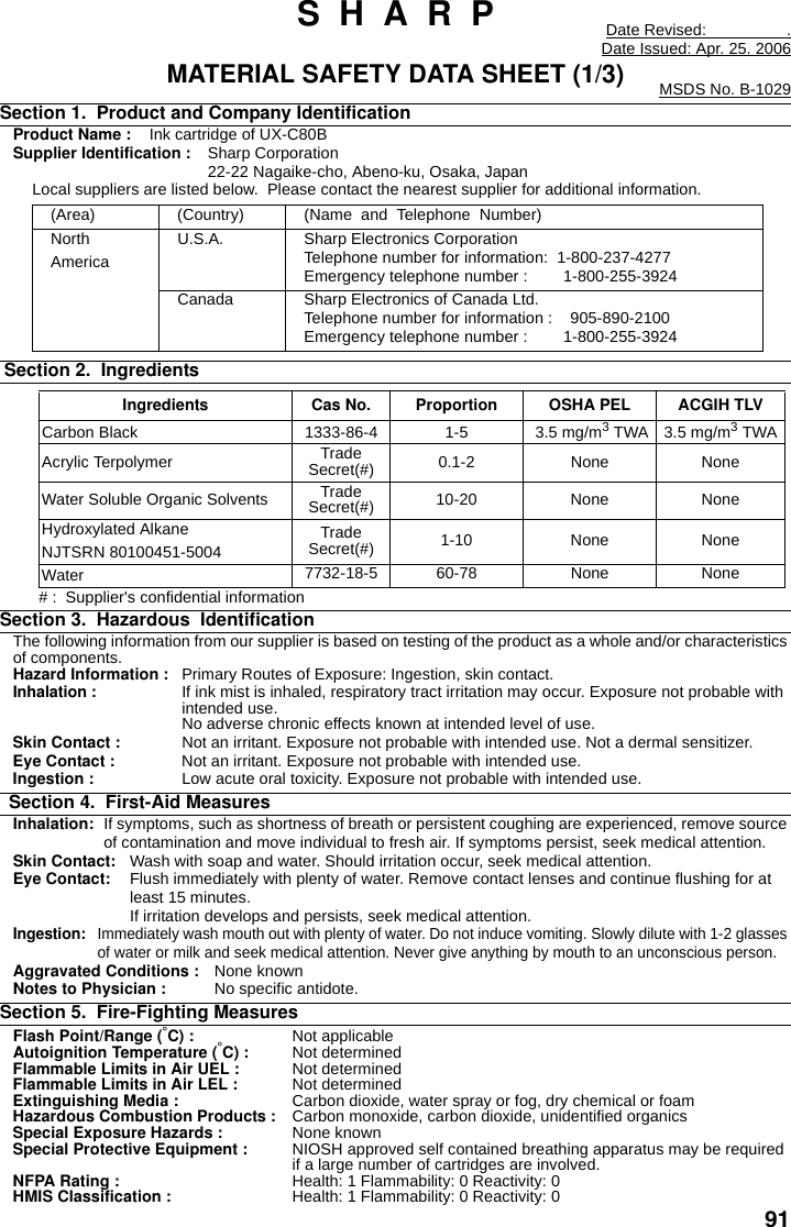 91S  H  A  R  P Date Revised:                  .Date Issued: Apr. 25. 2006MATERIAL SAFETY DATA SHEET (1/3) MSDS No. B-1029Section 1.  Product and Company IdentificationProduct Name :  Ink cartridge of UX-C80BSupplier Identification : Sharp Corporation22-22 Nagaike-cho, Abeno-ku, Osaka, JapanLocal suppliers are listed below.  Please contact the nearest supplier for additional information.  Section 2.  Ingredients# :  Supplier&apos;s confidential informationSection 3.  Hazardous  IdentificationThe following information from our supplier is based on testing of the product as a whole and/or characteristics of components.Hazard Information : Primary Routes of Exposure: Ingestion, skin contact. Inhalation :  If ink mist is inhaled, respiratory tract irritation may occur. Exposure not probable with intended use.No adverse chronic effects known at intended level of use.Skin Contact : Not an irritant. Exposure not probable with intended use. Not a dermal sensitizer.Eye Contact :  Not an irritant. Exposure not probable with intended use.Ingestion : Low acute oral toxicity. Exposure not probable with intended use.  Section 4.  First-Aid MeasuresInhalation: If symptoms, such as shortness of breath or persistent coughing are experienced, remove source of contamination and move individual to fresh air. If symptoms persist, seek medical attention.Skin Contact: Wash with soap and water. Should irritation occur, seek medical attention.Eye Contact: Flush immediately with plenty of water. Remove contact lenses and continue flushing for at least 15 minutes.If irritation develops and persists, seek medical attention.Ingestion:Immediately wash mouth out with plenty of water. Do not induce vomiting. Slowly dilute with 1-2 glasses of water or milk and seek medical attention. Never give anything by mouth to an unconscious person.Aggravated Conditions : None knownNotes to Physician : No specific antidote.Section 5.  Fire-Fighting MeasuresFlash Point/Range (°C) : Not applicableAutoignition Temperature (°C) : Not determinedFlammable Limits in Air UEL : Not determinedFlammable Limits in Air LEL : Not determinedExtinguishing Media :  Carbon dioxide, water spray or fog, dry chemical or foamHazardous Combustion Products :  Carbon monoxide, carbon dioxide, unidentified organicsSpecial Exposure Hazards : None knownSpecial Protective Equipment : NIOSH approved self contained breathing apparatus may be required if a large number of cartridges are involved.NFPA Rating :  Health: 1 Flammability: 0 Reactivity: 0HMIS Classification :  Health: 1 Flammability: 0 Reactivity: 0(Area) (Country) (Name  and  Telephone  Number)NorthAmericaU.S.A. Sharp Electronics CorporationTelephone number for information:  1-800-237-4277Emergency telephone number :        1-800-255-3924Canada Sharp Electronics of Canada Ltd.Telephone number for information :    905-890-2100Emergency telephone number :        1-800-255-3924Ingredients Cas No. Proportion OSHA PEL ACGIH TLVCarbon Black 1333-86-4 1-5  3.5 mg/m3 TWA 3.5 mg/m3 TWAAcrylic Terpolymer Trade Secret(#) 0.1-2 None NoneWater Soluble Organic Solvents Trade Secret(#) 10-20 None NoneHydroxylated AlkaneNJTSRN 80100451-5004Trade Secret(#) 1-10 None NoneWater 7732-18-5 60-78 None None