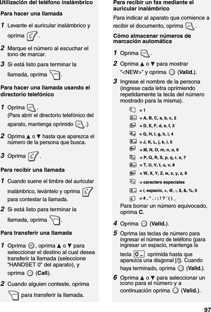 97Utilización del teléfono inalámbricoPara hacer una llamada1Levante el auricular inalámbrico y oprima .2Marque el número al escuchar el tono de marcar. 3Si está listo para terminar la llamada, oprima  . Para hacer una llamada usando el directorio telefónico1Oprima .(Para abrir el directorio telefónico del aparato, mantenga oprimido  .)2Oprima   o   hasta que aparezca el número de la persona que busca.3Oprima .Para recibir una llamada1Cuando suene el timbre del auricular inalámbrico, levántelo y oprima   para contestar la llamada.2Si está listo para terminar la llamada, oprima  .Para transferir una llamada1Oprima  , oprima   o   para seleccionar el destino al cual desea transferir la llamada (seleccione “HANDSET 0” del aparato), y oprima  (Call).2Cuando alguien conteste, oprima  para transferir la llamada.Para recibir un fax mediante el auricular inalámbricoPara indicar al aparato que comience a recibir el documento, oprima  .Cómo almacenar números de marcación automática1Oprima .2Oprima   o   para mostrar “&lt;NEW&gt;” y oprima   (Valid.).3Ingrese el nombre de la persona (ingrese cada letra oprimiendo repetidamente la tecla del número mostrado para la misma).Para borrar un número equivocado, oprima C.4Oprima  (Valid.).5Oprima las teclas de número para ingresar el número de teléfono (para ingresar un espacio, mantenga la tecla   oprimida hasta que aparezca una diagonal [/]). Cuando haya terminado, oprima   (Valid.).6Oprima   o   para seleccionar un icono para el número y a continuación oprima   (Valid.).= A, B, C, a, b, c, 2= 1= D, E, F, d, e, f, 3= G, H, I, g, h, i, 4= /, espacio, +, @, -, $, &amp;, %, 0= J, K, L, j, k, l, 5= M, N, O, m, n, o, 6= # , &quot; . : ; ! ? &apos; ( ) _= P, Q, R, S, p, q, r, s, 7= W, X, Y, Z, w, x, y, z, 9= caracters especiales= T, U, V, t, u, v, 8