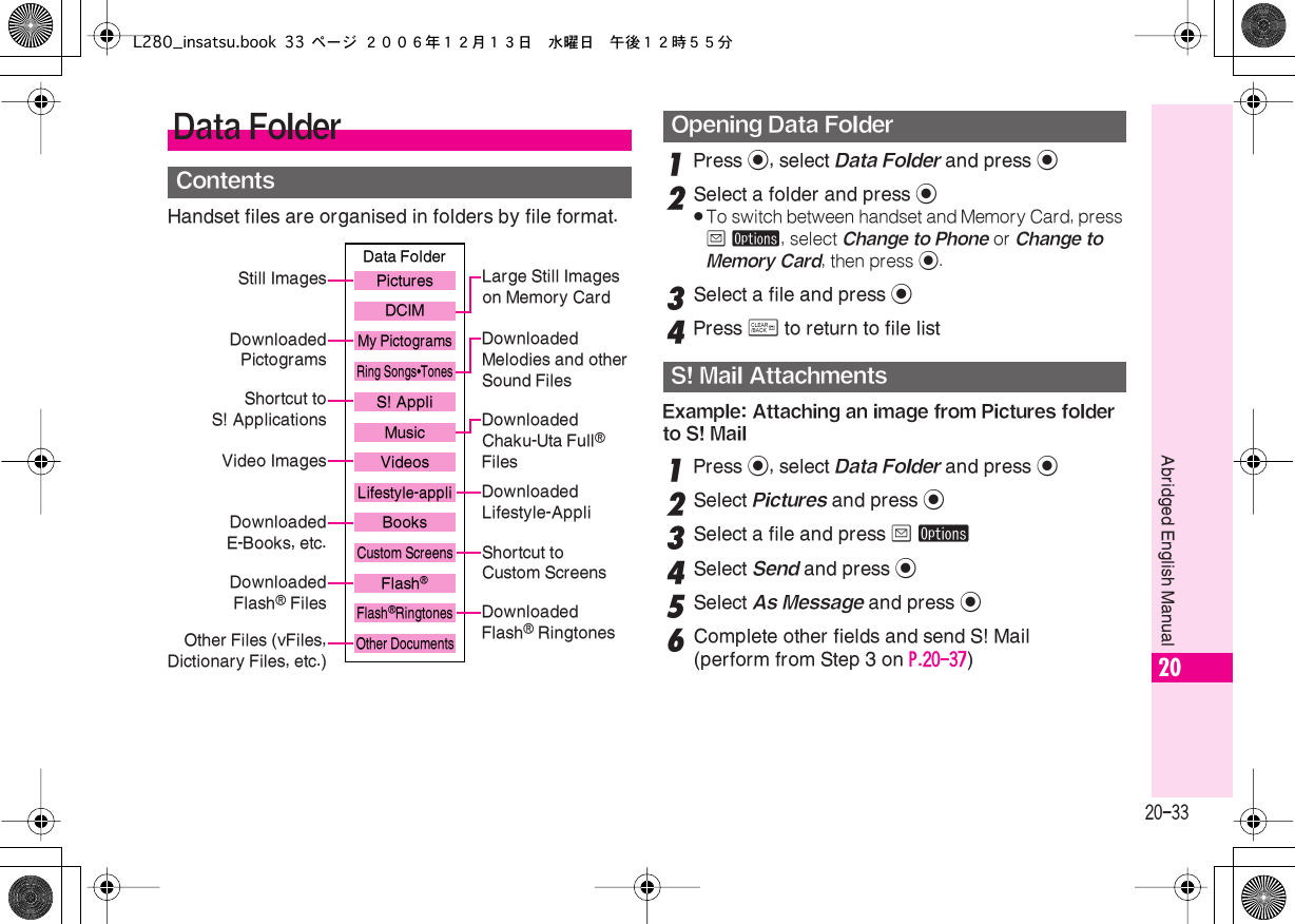  20-33 Abridged English Manual 20 Handset files are organised in folders by file format. 1 Press  % , select  Data Folder  and press  % 2 Select a folder and press  % . To switch between handset and Memory Card, press  B   ø , select  Change to   Phone  or  Change to   Memory Card , then press  % . 3 Select a file and press  % 4 Press  $  to return to file list Example: Attaching an image from Pictures folder to S! Mail 1 Press  % , select  Data Folder  and press  % 2 Select  Pictures  and press  % 3Select a file and press B ø4Select Send and press %5Select As Message and press %6Complete other fields and send S! Mail(perform from Step 3 on P.20-37)Data FolderContentsData FolderRing Songs•TonesS! AppliMy PictogramsVideosLifestyle-appliMusicBooksCustom ScreensFlash®Flash®RingtonesOther DocumentsPicturesDCIMStill Images Large Still Images on Memory CardDownloadedPictogramsShortcut toS! ApplicationsVideo ImagesDownloadedE-Books, etc.DownloadedFlash® FilesOther Files (vFiles,Dictionary Files, etc.)DownloadedMelodies and otherSound FilesDownloaded Chaku-Uta Full® FilesDownloaded Lifestyle-AppliShortcut to Custom ScreensDownloadedFlash® RingtonesOpening Data FolderS! Mail AttachmentsL280_insatsu.book 33 ページ ２００６年１２月１３日　水曜日　午後１２時５５分