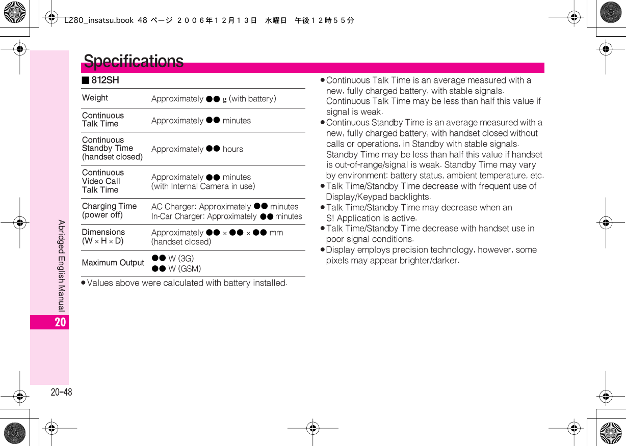  20-48 Abridged English Manual 20■ 812SH . Values above were calculated with battery installed. . Continuous Talk Time is an average measured with a new, fully charged battery, with stable signals. Continuous Talk Time may be less than half this value if signal is weak. . Continuous Standby Time is an average measured with a new, fully charged battery, with handset closed without calls or operations, in Standby with stable signals. Standby Time may be less than half this value if handset is out-of-range/signal is weak. Standby Time may vary  by environment: battery status, ambient temperature, etc. . Talk Time/Standby Time decrease with frequent use of Display/Keypad backlights. . Talk Time/Standby Time may decrease when an S! Application is active. . Talk Time/Standby Time decrease with handset use in poor signal conditions. . Display employs precision technology, however, some pixels may appear brighter/darker. Specifications Weight Approximately ●●   g  (with battery) ContinuousTalk Time Approximately ●●  minutes Continuous Standby Time (handset closed) Approximately ●●  hours Continuous Video Call Talk Time Approximately ●●  minutes(with Internal Camera in use) Charging Time (power off) AC Charger: Approximately ●●  minutesIn-Car Charger: Approximately ●●  minutes Dimensions (W   ×   H   ×   D) Approximately ●●   ×  ●●   ×  ●●  mm (handset closed) Maximum Output ●●  W (3G)●●  W (GSM)L280_insatsu.book 48 ページ ２００６年１２月１３日　水曜日　午後１２時５５分