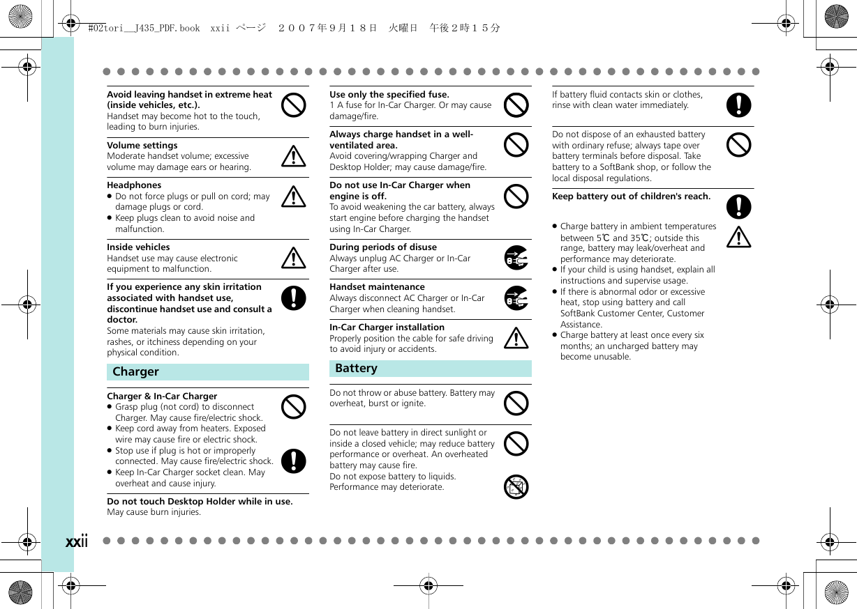 xxiiAvoid leaving handset in extreme heat (inside vehicles, etc.).Handset may become hot to the touch, leading to burn injuries.Volume settingsModerate handset volume; excessive volume may damage ears or hearing.Headphones.Do not force plugs or pull on cord; may damage plugs or cord..Keep plugs clean to avoid noise and malfunction.Inside vehiclesHandset use may cause electronic equipment to malfunction.If you experience any skin irritation associated with handset use, discontinue handset use and consult a doctor.Some materials may cause skin irritation, rashes, or itchiness depending on your physical condition.Charger &amp; In-Car Charger.Grasp plug (not cord) to disconnect Charger. May cause fire/electric shock..Keep cord away from heaters. Exposed wire may cause fire or electric shock..Stop use if plug is hot or improperly connected. May cause fire/electric shock..Keep In-Car Charger socket clean. May overheat and cause injury.Do not touch Desktop Holder while in use.May cause burn injuries.Use only the specified fuse.1 A fuse for In-Car Charger. Or may cause damage/fire.Always charge handset in a well-ventilated area.Avoid covering/wrapping Charger and Desktop Holder; may cause damage/fire.Do not use In-Car Charger when engine is off.To avoid weakening the car battery, always start engine before charging the handset using In-Car Charger.During periods of disuseAlways unplug AC Charger or In-Car Charger after use.Handset maintenanceAlways disconnect AC Charger or In-Car Charger when cleaning handset.In-Car Charger installationProperly position the cable for safe driving to avoid injury or accidents.Do not throw or abuse battery. Battery may overheat, burst or ignite.Do not leave battery in direct sunlight or inside a closed vehicle; may reduce battery performance or overheat. An overheated battery may cause fire.Do not expose battery to liquids. Performance may deteriorate.If battery fluid contacts skin or clothes, rinse with clean water immediately.Do not dispose of an exhausted battery with ordinary refuse; always tape over battery terminals before disposal. Take battery to a SoftBank shop, or follow the local disposal regulations.Keep battery out of children&apos;s reach..Charge battery in ambient temperatures between 5℃ and 35℃; outside this range, battery may leak/overheat and performance may deteriorate..If your child is using handset, explain all instructions and supervise usage..If there is abnormal odor or excessive heat, stop using battery and call SoftBank Customer Center, Customer Assistance..Charge battery at least once every six months; an uncharged battery may become unusable.ChargerbaaagbgBatterybbbbhhabbfgbga#02tori__J435_PDF.book  xxii ページ  ２００７年９月１８日　火曜日　午後２時１５分