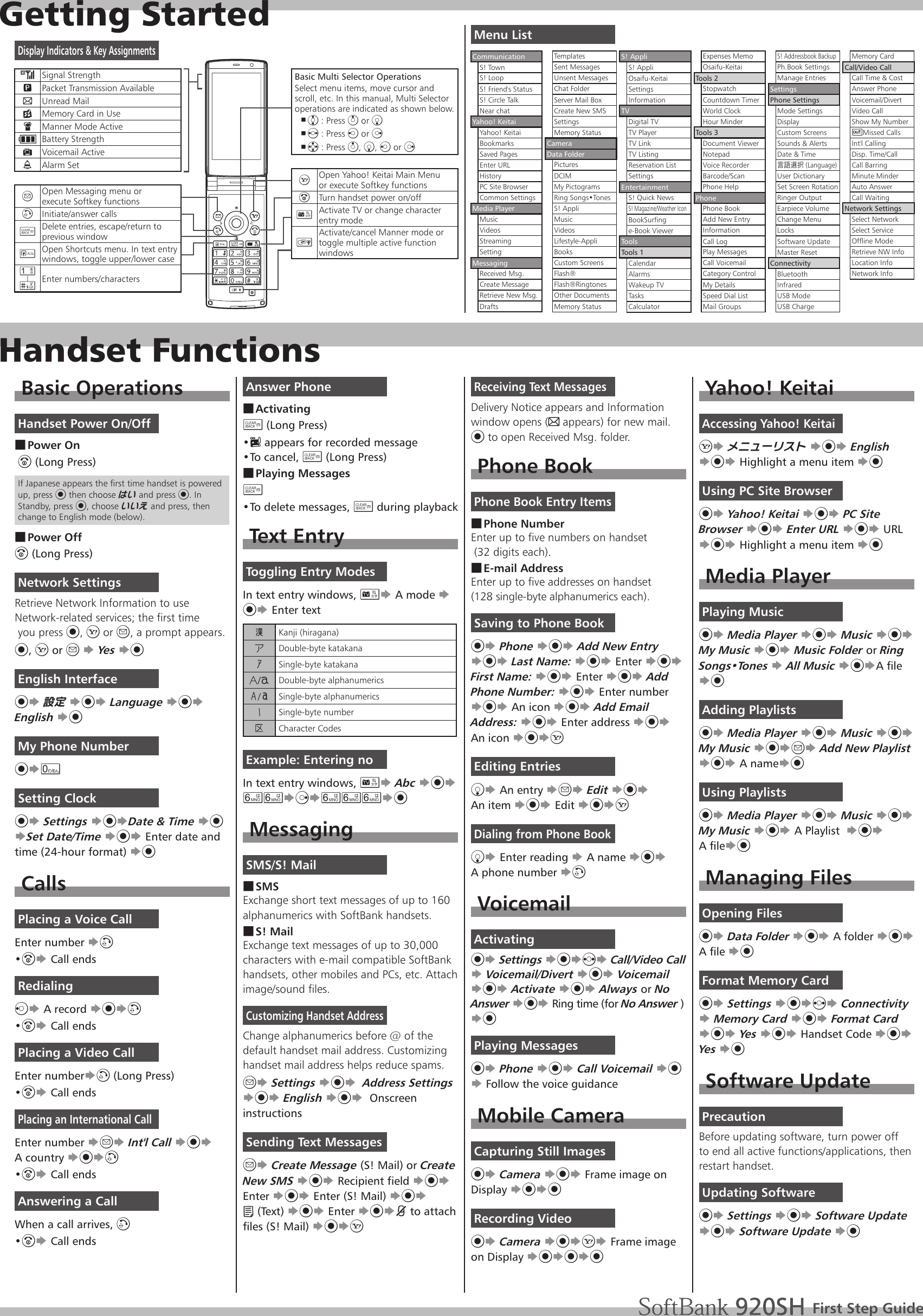 Getting StartedHandset FunctionsBasic OperationsHandset Power On/OffPower On ■ &quot; (Long Press)If Japanese appears the first time handset is powered up, press % then choose はい and press %. In Standby, press %, choose いいえ and press, then change to English mode (below).Power Off ■&quot; (Long Press)Network SettingsRetrieve Network Information to useNetwork-related services; the first time you press %, A or B, a prompt appears.%, A or B S Yes S%English Interface%S 設定 S%S Language S%S English S%My Phone Number%S0 Setting Clock%S Settings S%SDate &amp; Time S% SSet Date/Time S%S Enter date and time (24-hour format) S%CallsPlacing a Voice CallEnter number S!&quot;• S Call endsRedialingcS A record S%S!&quot;• S Call endsPlacing a Video CallEnter numberS! (Long Press)&quot;• S Call endsPlacing an International CallEnter number SBS Int&apos;l Call S%S A country S%S!&quot;• S Call endsAnswering a CallWhen a call arrives, !&quot;• S Call endsAnswer PhoneActivating ■$ (Long Press):•   appears for recorded messageTo cancel, • $ (Long Press)Playing Messages ■$ To delete messages, • $ during playbackText EntryToggling Entry ModesIn text entry windows, &amp;S A mode S %S Enter textAKanji (hiragana)BDouble-byte katakanaCSingle-byte katakanaD/EDouble-byte alphanumericsF/GSingle-byte alphanumericsHSingle-byte numberICharacter Codes Example: Entering noIn text entry windows, &amp;S Abc S%S 66SdS666S%MessagingSMS/S! MailSMS ■Exchange short text messages of up to 160alphanumerics with SoftBank handsets.S! Mail ■Exchange text messages of up to 30,000 characters with e-mail compatible SoftBank handsets, other mobiles and PCs, etc. Attach image/sound files.Customizing Handset AddressChange alphanumerics before @ of the default handset mail address. Customizing handset mail address helps reduce spams.BS Settings S%S  Address Settings S%S English S%S  Onscreen instructionsSending Text MessagesBS Create Message (S! Mail) or Create New SMS S%S Recipient field S%S Enter S%S Enter (S! Mail) S%S  C (Text) S%S Enter S%Sk to attach files (S! Mail) S%SAReceiving Text MessagesDelivery Notice appears and Information  window opens (C appears) for new mail.% to open Received Msg. folder.Phone BookPhone Book Entry ItemsPhone Number ■Enter up to five numbers on handset  (32 digits each).E-mail Address ■Enter up to five addresses on handset  (128 single-byte alphanumerics each).Saving to Phone Book%S Phone S%S Add New Entry S%S Last Name: S%S Enter S%S First Name: S%S Enter S%S Add Phone Number: S%S Enter number S%S An icon S%S Add Email Address: S%S Enter address S%S An icon S%SAEditing EntriesbS An entry SBS Edit S%S  An item S%S Edit S%SADialing from Phone BookbS Enter reading S A name S%S  A phone number S!VoicemailActivating%S Settings S%SfS Call/Video Call S Voicemail/Divert S%S Voicemail S%S Activate S%S Always or No Answer S%S Ring time (for No Answer ) S%Playing Messages%S Phone S%S Call Voicemail S% S Follow the voice guidanceMobile CameraCapturing Still Images%S Camera S%S Frame image on Display S%S%Recording Video%S Camera S%SAS Frame image on Display S%S%S%Yahoo! KeitaiAccessing Yahoo! KeitaiAS メニューリスト S%S English S%S Highlight a menu item S%Using PC Site Browser%S Yahoo! Keitai S%S PC Site Browser S%S Enter URL S%S URL  S%S Highlight a menu item S%Media PlayerPlaying Music%S Media Player S%S Music S%S My Music S%S Music Folder or Ring Songs•Tones S All Music S%SA file S%Adding Playlists%S Media Player S%S Music S%S My Music S%SBS Add New Playlist S%S A nameS%Using Playlists%S Media Player S%S Music S%S My Music S%S A Playlist  S%S  A fileS%Managing FilesOpening Files%S Data Folder S%S A folder S%S A file S%Format Memory Card%S Settings S%SfS Connectivity S Memory Card S%S Format Card S%S Yes S%S Handset Code S%S Yes S%Software UpdatePrecautionBefore updating software, turn power off to end all active functions/applications, then restart handset.Updating Software%S Settings S%S Software Update S%S Software Update S%First Step GuideCommunicationS! TownS! LoopS! Friend&apos;s StatusS! Circle TalkNear chatYahoo! KeitaiYahoo! KeitaiBookmarksSaved PagesEnter URLHistoryPC Site BrowserCommon SettingsMedia PlayerMusicVideosStreamingSettingMessagingReceived Msg.Create MessageRetrieve New Msg.DraftsTemplatesSent MessagesUnsent MessagesChat FolderServer Mail BoxCreate New SMSSettingsMemory StatusCameraData FolderPicturesDCIMMy PictogramsRing Songs•TonesS! AppliMusicVideosLifestyle-AppliBooksCustom ScreensFlash®Flash®RingtonesOther DocumentsMemory StatusS! AppliS! AppliOsaifu-KeitaiSettingsInformationTVDigital TVTV PlayerTV LinkTV ListingReservation ListSettingsEntertainmentS! Quick NewsS! Magazine/Weather IconBookSurfinge-Book ViewerToolsTools 1CalendarAlarmsWakeup TVTasksCalculatorExpenses MemoOsaifu-KeitaiTools 2StopwatchCountdown TimerWorld ClockHour MinderTools 3Document ViewerNotepadVoice RecorderBarcode/ScanPhone HelpPhonePhone BookAdd New EntryInformationCall LogPlay MessagesCall VoicemailCategory ControlMy DetailsSpeed Dial ListMail GroupsS! Addressbook BackupPh.Book SettingsManage EntriesSettingsPhone SettingsMode SettingsDisplayCustom ScreensSounds &amp; AlertsDate &amp; Time言語選択 (Language)User DictionarySet Screen RotationRinger OutputEarpiece VolumeChange MenuLocksSoftware UpdateMaster ResetConnectivityBluetoothInfraredUSB ModeUSB ChargeMemory CardCall/Video CallCall Time &amp; CostAnswer PhoneVoicemail/DivertVideo CallShow My Number)Missed CallsInt&apos;l CallingDisp. Time/CallCall BarringMinute MinderAuto AnswerCall WaitingNetwork SettingsSelect NetworkSelect ServiceOffline ModeRetrieve NW InfoLocation InfoNetwork InfoMenu ListDisplay Indicators &amp; Key AssignmentsnSignal Strength&quot;Packet Transmission AvailableCUnread Mail7Memory Card in UseJManner Mode ActiveKBattery StrengthNVoicemail ActivePAlarm SetBOpen Messaging menu or execute Softkey functions!Initiate/answer calls$Delete entries, escape/return to previous window&apos;Open Shortcuts menu. In text entry windows, toggle upper/lower case1|#Enter numbers/charactersBasic Multi Selector OperationsSelect menu items, move cursor and scroll, etc. In this manual, Multi Selectoroperations are indicated as shown below.e ,  : Press a or bf ,  : Press c or dg ,  : Press a, b, c or dAOpen Yahoo! Keitai Main Menu or execute Softkey functions&quot;Turn handset power on/off&amp;Activate TV or change characterentry mode )Activate/cancel Manner mode or toggle multiple active function windows