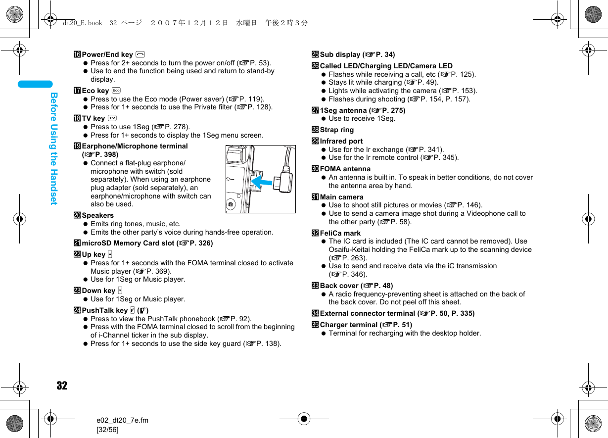 32e02_dt20_7e.fm[32/56]Before Using the HandsetgPower/End key H Press for 2+ seconds to turn the power on/off (nP. 53). Use to end the function being used and return to stand-by display.hEco key y Press to use the Eco mode (Power saver) (nP. 119). Press for 1+ seconds to use the Private filter (nP. 128).iTV key x Press to use 1Seg (nP. 278). Press for 1+ seconds to display the 1Seg menu screen.jEarphone/Microphone terminal (nP. 398) Connect a flat-plug earphone/microphone with switch (sold separately). When using an earphone plug adapter (sold separately), an earphone/microphone with switch can also be used.kSpeakers Emits ring tones, music, etc. Emits the other party’s voice during hands-free operation.lmicroSD Memory Card slot (nP. 326)mUp key : Press for 1+ seconds with the FOMA terminal closed to activate Music player (nP. 369). Use for 1Seg or Music player.nDown key + Use for 1Seg or Music player.oPushTalk key &amp; (q) Press to view the PushTalk phonebook (nP. 92). Press with the FOMA terminal closed to scroll from the beginning of i-Channel ticker in the sub display. Press for 1+ seconds to use the side key guard (nP. 138).pSub display (nP. 34)qCalled LED/Charging LED/Camera LED Flashes while receiving a call, etc (nP. 125). Stays lit while charging (nP. 49). Lights while activating the camera (nP. 153). Flashes during shooting (nP. 154, P. 157).r1Seg antenna (nP. 275) Use to receive 1Seg.sStrap ringtInfrared port Use for the Ir exchange (nP. 341). Use for the Ir remote control (nP. 345).uFOMA antenna An antenna is built in. To speak in better conditions, do not cover the antenna area by hand.vMain camera Use to shoot still pictures or movies (nP. 146). Use to send a camera image shot during a Videophone call to the other party (nP. 58).wFeliCa mark The IC card is included (The IC card cannot be removed). Use Osaifu-Keitai holding the FeliCa mark up to the scanning device (nP. 263). Use to send and receive data via the iC transmission (nP. 346).xBack cover (nP. 48) A radio frequency-preventing sheet is attached on the back of the back cover. Do not peel off this sheet.yExternal connector terminal (nP. 50, P. 335)zCharger terminal (nP. 51) Terminal for recharging with the desktop holder.dt20_E.book  32 ページ  ２００７年１２月１２日　水曜日　午後２時３分