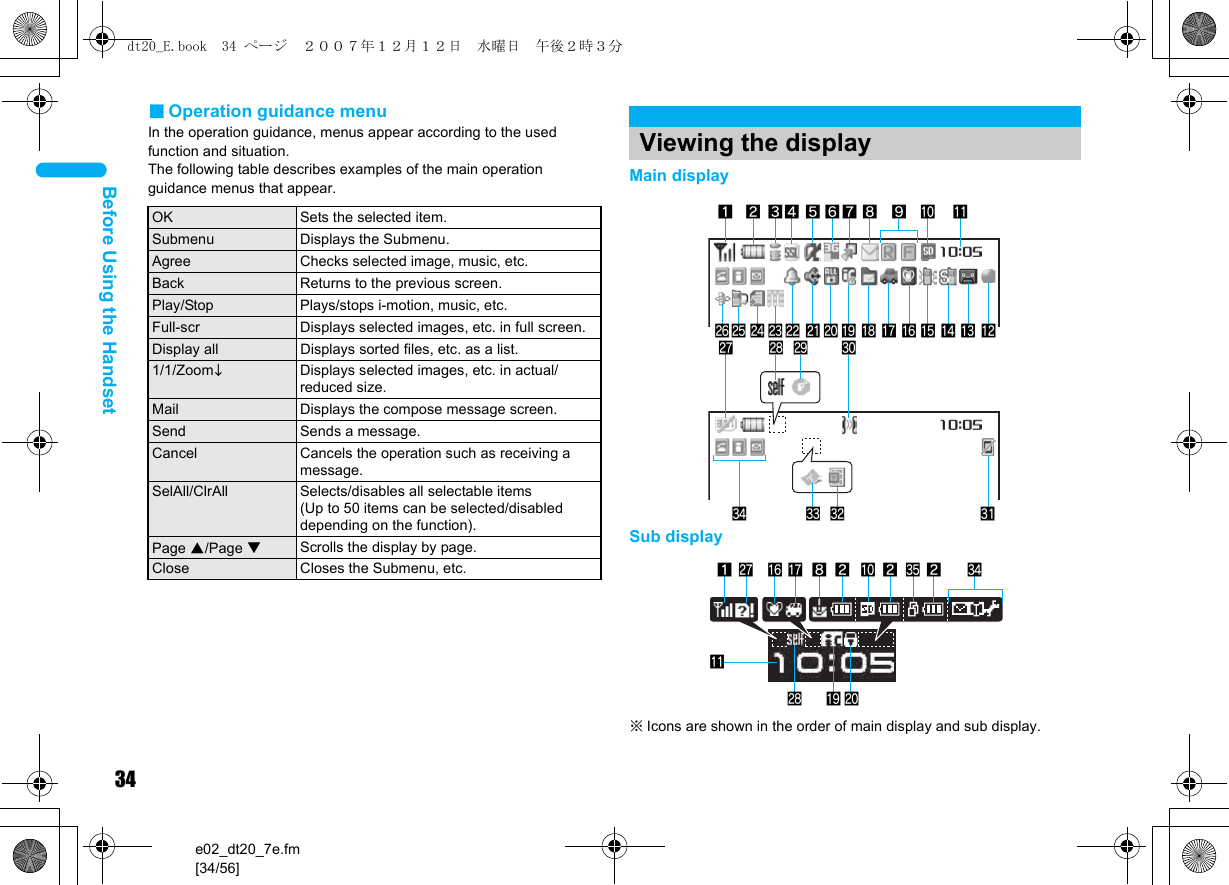 34e02_dt20_7e.fm[34/56]Before Using the Handset■Operation guidance menuIn the operation guidance, menus appear according to the used function and situation.The following table describes examples of the main operation guidance menus that appear. Main displaySub display※Icons are shown in the order of main display and sub display.OK Sets the selected item.Submenu Displays the Submenu.Agree Checks selected image, music, etc.Back Returns to the previous screen.Play/Stop Plays/stops i-motion, music, etc.Full-scr Displays selected images, etc. in full screen.Display all Displays sorted files, etc. as a list.1/1/ZoomeDisplays selected images, etc. in actual/reduced size.Mail Displays the compose message screen.Send Sends a message.Cancel Cancels the operation such as receiving a message.SelAll/ClrAll Selects/disables all selectable items(Up to 50 items can be selected/disabled depending on the function).Page ▲/Page ▼Scrolls the display by page.Close Closes the Submenu, etc.Viewing the display12345 789o lkjihgfmst uya bp nq e d crxw v6gr1h a2z2ybksj8 2dt20_E.book  34 ページ  ２００７年１２月１２日　水曜日　午後２時３分