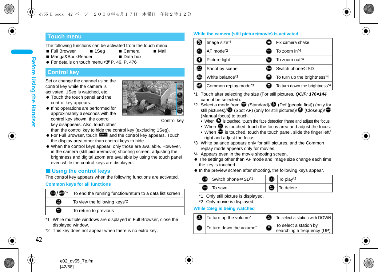 42e02_dv55_7e.fm[42/58]Before Using the HandsetThe following functions can be activated from the touch menu.Full Browser 1Seg Camera MailManga&amp;BookReader Data box For details on touch menu nP. 46, P. 476Set or change the channel using the control key while the camera is activated, 1Seg is watched, etc. Touch the touch panel and the control key appears. If no operations are performed for approximately 6 seconds with the control key shown, the control key disappears. Also, touch other than the control key to hide the control key (excluding 1Seg). For Full Browser, touch D and the control key appears. Touch the display area other than control keys to hide. When the control keys appear, only those are available. However, in the camera (still picture/movie) shooting screen, adjusting the brightness and digital zoom are available by using the touch panel even while the control keys are displayed. ■Using the control keysThe control key appears when the following functions are activated.Common keys for all functions*1 While multiple windows are displayed in Full Browser, close the displayed window.*2 This key does not appear when there is no extra key. While the camera (still picture/movie) is activated*1 Touch after selecting the size (For still pictures, QCIF: 176×144 cannot be selected).*2 Select a mode from &lt; (Standard)/| (Def (people first)) (only for still pictures)/&gt; (Spot AF) (only for still pictures)/{ (Closeup)/} (Manual focus) to touch. •When | is touched, touch the face detection frame and adjust the focus.• When &gt; is touched, touch the focus area and adjust the focus.• When } is touched, touch the touch panel, slide the finger left/right and adjust the focus.*3 White balance appears only for still pictures, and the Common replay mode appears only for movies.*4 Appears even in the movie shooting screen. The settings other than AF mode and image size change each time the key is touched. In the preview screen after shooting, the following keys appear.*1 Only still picture is displayed.*2 Only movie is displayed.While 1Seg is being watchedTouch menuControl keyE/T*1 To end the running function/return to a data list screenFTo view the following keys*29To return to previous Control keyJImage size*1 PFix camera shakeGAF mode*2 HTo zoom in*4KPicture light ITo zoom out*4QShoot by scene RSwitch phone#SDNWhite balance*3 LTo turn up the brightness*4OCommon replay mode*3 MTo turn down the brightness*4RSwitch phone#SD*1 UTo play*2STo save 9To deleteVTo turn up the volume*ZTo select a station with DOWNWTo turn down the volume*[To select a station by searching a frequency (UP)dv55_E.book  42 ページ  ２００８年４月１７日　木曜日　午後２時１２分
