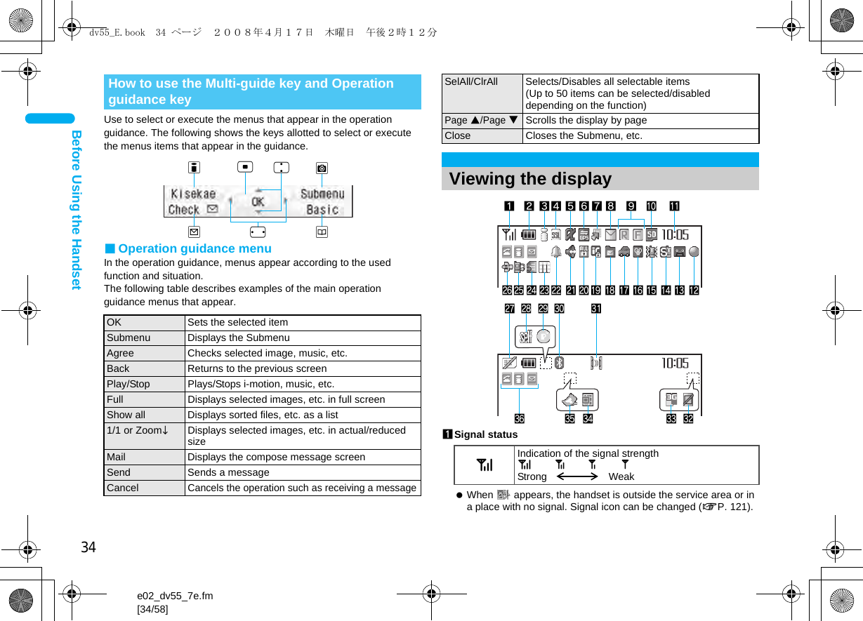 34e02_dv55_7e.fm[34/58]Before Using the HandsetUse to select or execute the menus that appear in the operation guidance. The following shows the keys allotted to select or execute the menus items that appear in the guidance.■Operation guidance menuIn the operation guidance, menus appear according to the used function and situation.The following table describes examples of the main operation guidance menus that appear.1Signal status When A appears, the handset is outside the service area or in a place with no signal. Signal icon can be changed (nP. 121).How to use the Multi-guide key and Operation guidance keyOK Sets the selected itemSubmenu Displays the SubmenuAgree Checks selected image, music, etc.Back Returns to the previous screenPlay/Stop Plays/Stops i-motion, music, etc.Full Displays selected images, etc. in full screenShow all Displays sorted files, etc. as a list1/1 or ZoomeDisplays selected images, etc. in actual/reduced sizeMail Displays the compose message screenSend Sends a messageCancelCancels the operation such as receiving a messageituCavmSelAll/ClrAll Selects/Disables all selectable items(Up to 50 items can be selected/disabled depending on the function)Page ▲/Page ▼Scrolls the display by pageClose Closes the Submenu, etc.Viewing the display]Indication of the signal strength]no pStrong Weak12345 789olkjihgfmtu v&lt;a bp nq e d crzy w6xsdv55_E.book  34 ページ  ２００８年４月１７日　木曜日　午後２時１２分