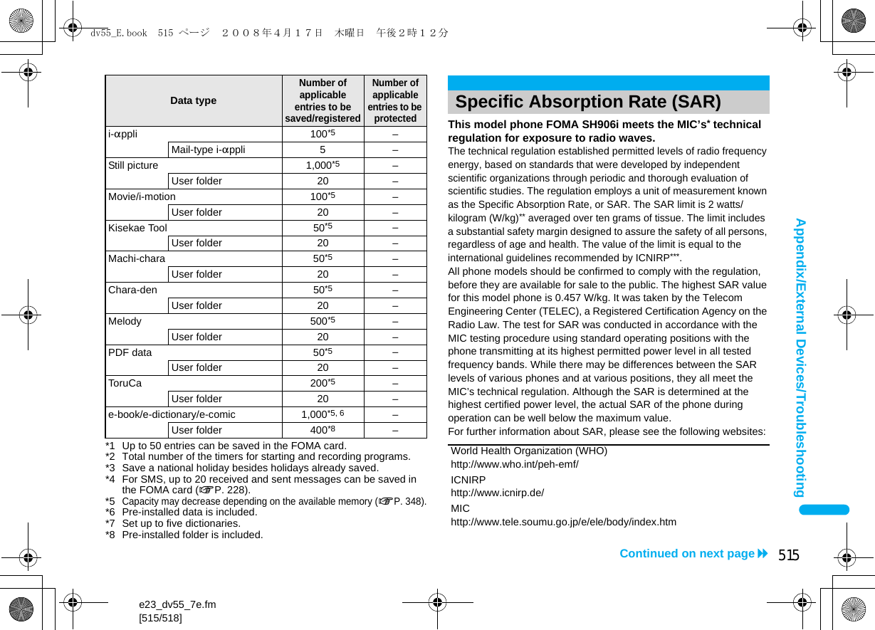 e23_dv55_7e.fm[515/518]515Continued on next pageAppendix/External Devices/Troubleshooting*1 Up to 50 entries can be saved in the FOMA card.*2 Total number of the timers for starting and recording programs.*3 Save a national holiday besides holidays already saved.*4 For SMS, up to 20 received and sent messages can be saved in the FOMA card (nP. 228).*5Capacity may decrease depending on the available memory (nP. 348).*6 Pre-installed data is included.*7 Set up to five dictionaries.*8 Pre-installed folder is included.This model phone FOMA SH906i meets the MIC’s* technical regulation for exposure to radio waves.The technical regulation established permitted levels of radio frequency energy, based on standards that were developed by independent scientific organizations through periodic and thorough evaluation of scientific studies. The regulation employs a unit of measurement known as the Specific Absorption Rate, or SAR. The SAR limit is 2 watts/kilogram (W/kg)** averaged over ten grams of tissue. The limit includes a substantial safety margin designed to assure the safety of all persons, regardless of age and health. The value of the limit is equal to the international guidelines recommended by ICNIRP***.All phone models should be confirmed to comply with the regulation, before they are available for sale to the public. The highest SAR value for this model phone is 0.457 W/kg. It was taken by the Telecom Engineering Center (TELEC), a Registered Certification Agency on the Radio Law. The test for SAR was conducted in accordance with the MIC testing procedure using standard operating positions with the phone transmitting at its highest permitted power level in all tested frequency bands. While there may be differences between the SAR levels of various phones and at various positions, they all meet the MIC’s technical regulation. Although the SAR is determined at the highest certified power level, the actual SAR of the phone during operation can be well below the maximum value.For further information about SAR, please see the following websites:i-appli 100*5 –Mail-type i-appli 5 –Still picture 1,000*5 –User folder 20 –Movie/i-motion 100*5 –User folder 20 –Kisekae Tool 50*5 –User folder 20 –Machi-chara 50*5 –User folder 20 –Chara-den 50*5 –User folder 20 –Melody 500*5 –User folder 20 –PDF data 50*5 –User folder 20 –ToruCa 200*5 –User folder 20 –e-book/e-dictionary/e-comic 1,000*5, 6 –User folder 400*8 –Data typeNumber of applicable entries to be saved/registeredNumber of applicable entries to be protectedSpecific Absorption Rate (SAR)World Health Organization (WHO)http://www.who.int/peh-emf/ICNIRPhttp://www.icnirp.de/MIChttp://www.tele.soumu.go.jp/e/ele/body/index.htmdv55_E.book  515 ページ  ２００８年４月１７日　木曜日　午後２時１２分